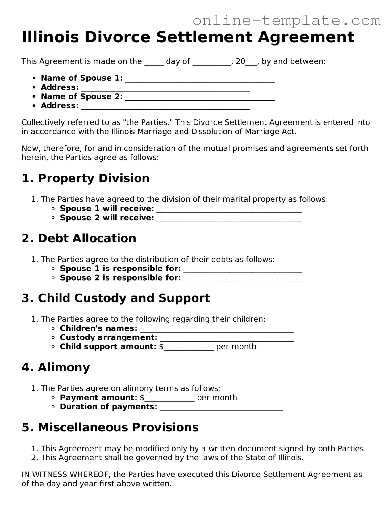 Attorney-Verified  Divorce Settlement Agreement Template for Illinois