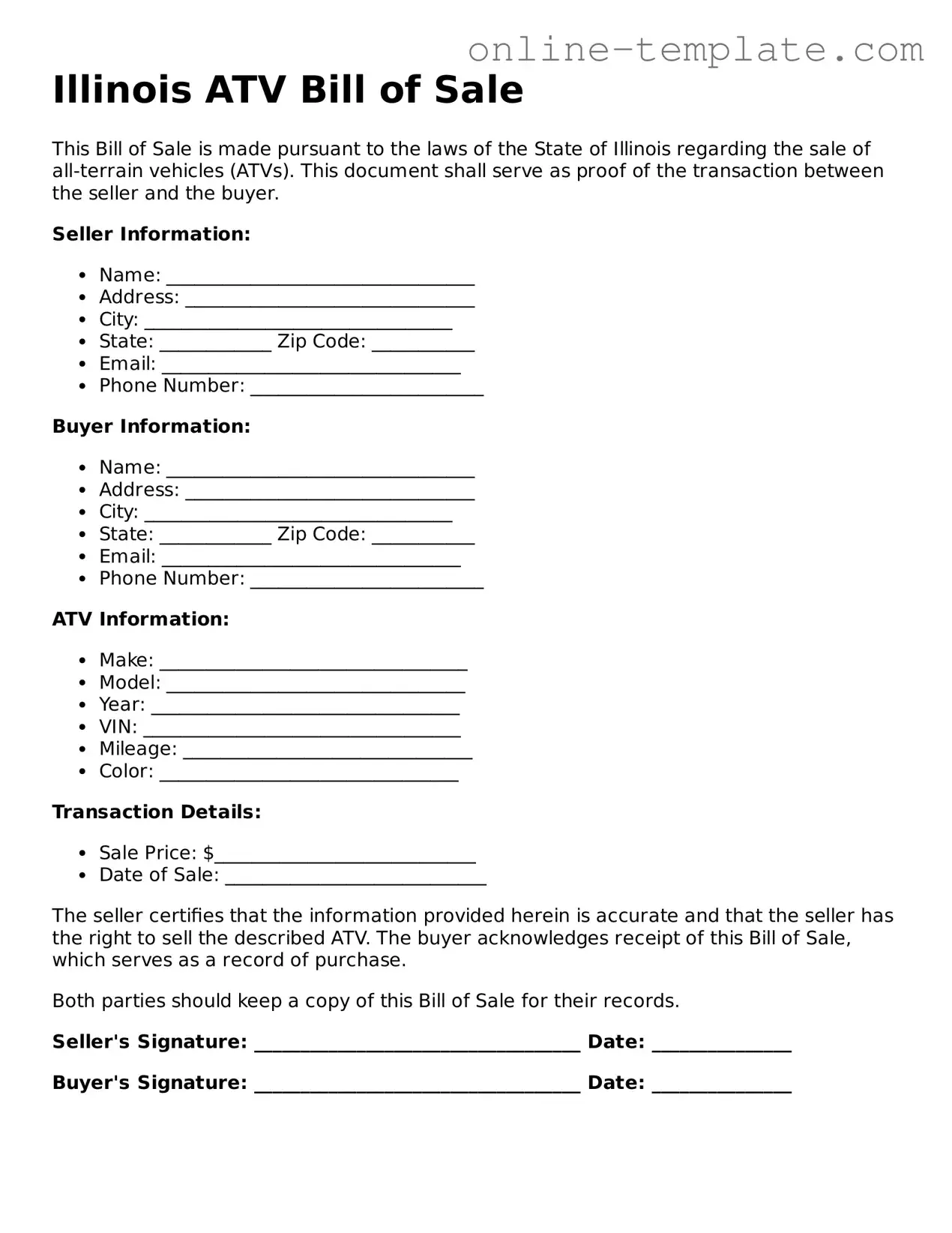 Attorney-Verified  ATV Bill of Sale Template for Illinois