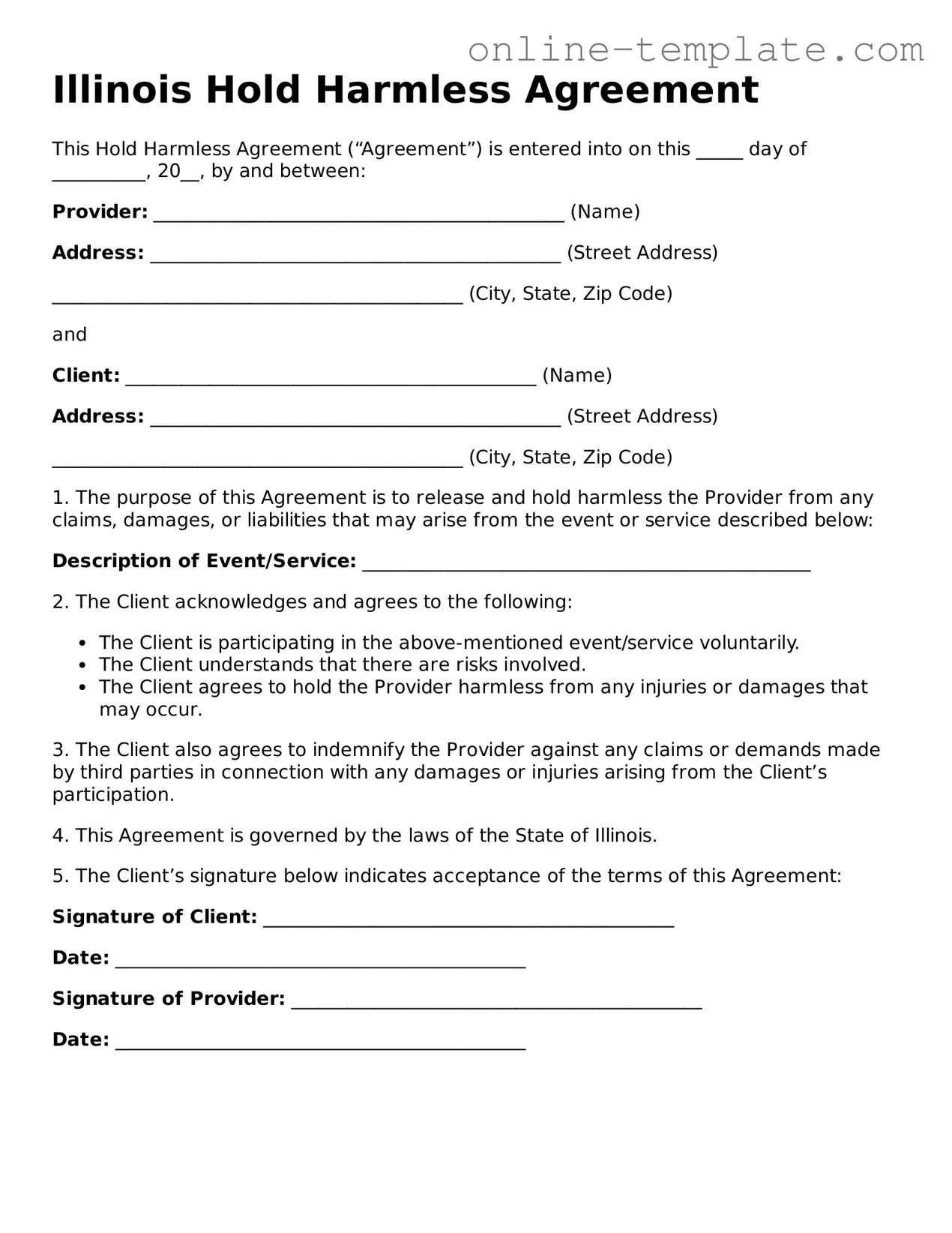 Attorney-Verified  Hold Harmless Agreement Template for Illinois