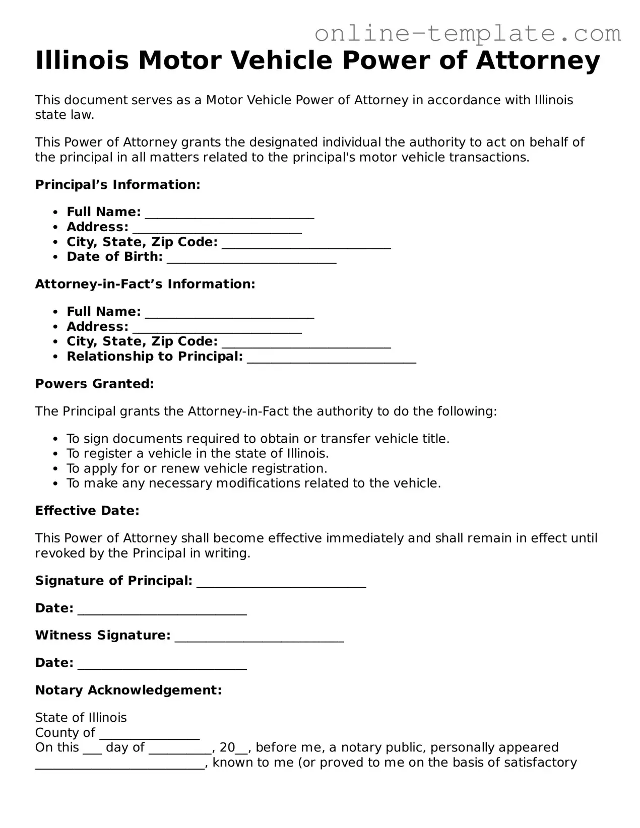 Attorney-Verified  Motor Vehicle Power of Attorney Template for Illinois
