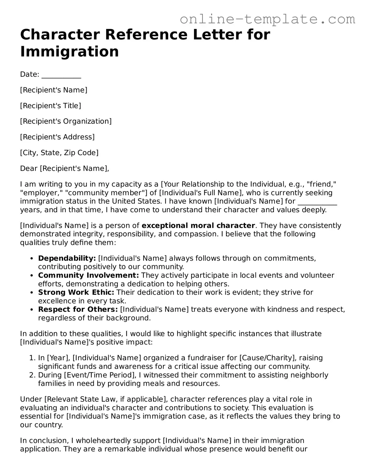 Official Character Reference Letter for Immigration Template