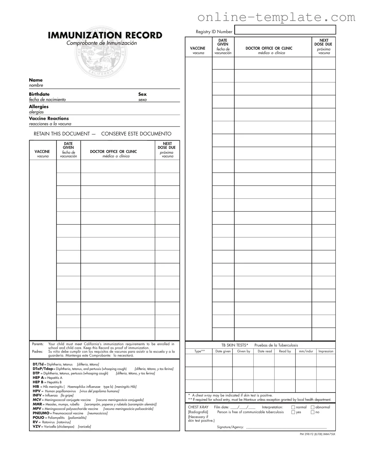 Free Immunization Record PDF Template