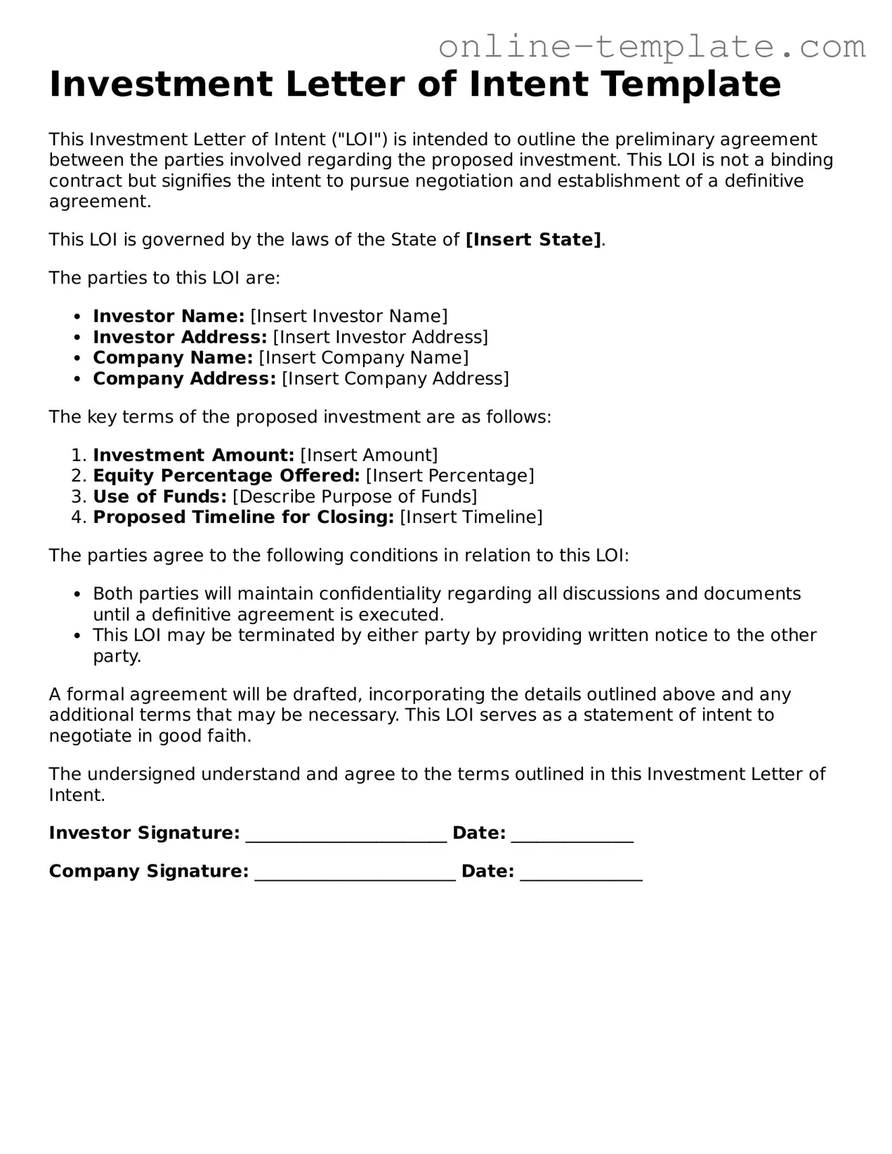 Official Investment Letter of Intent Template