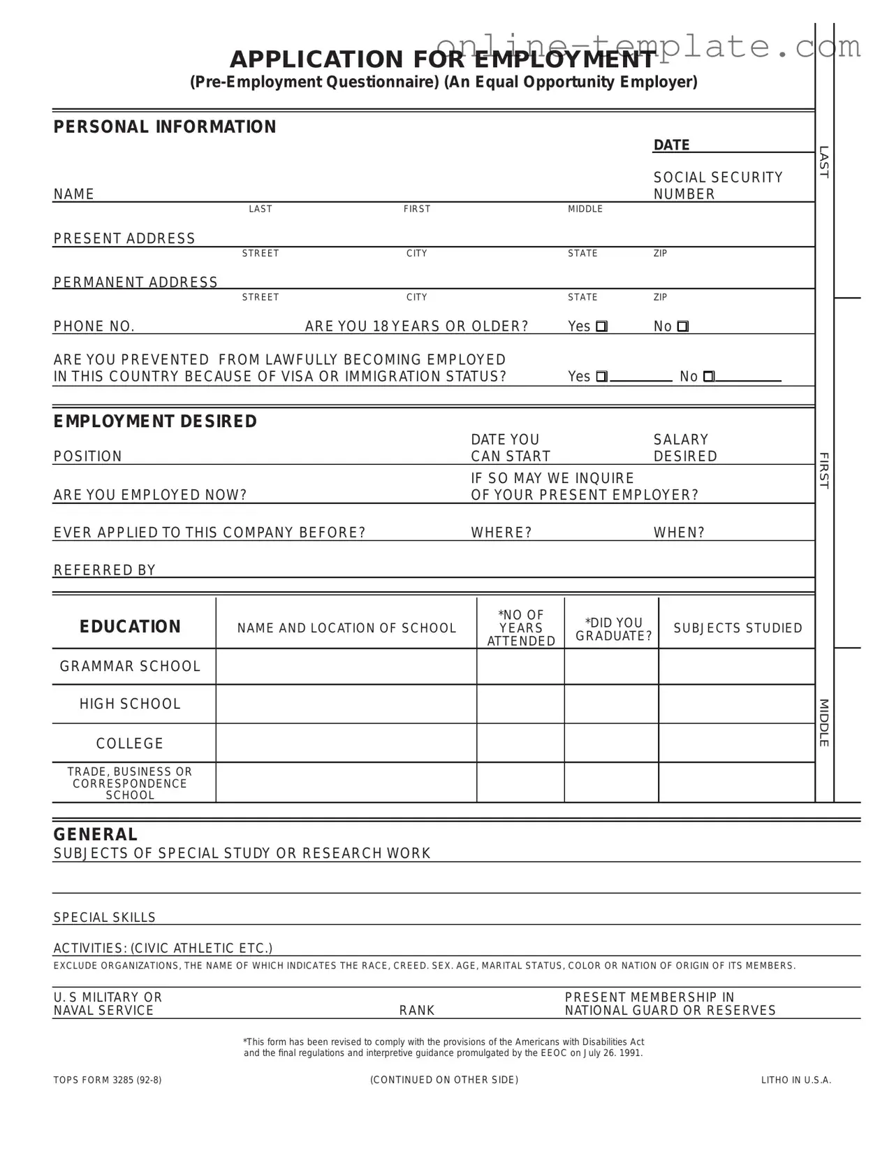 Free Employment Application Pdf PDF Template
