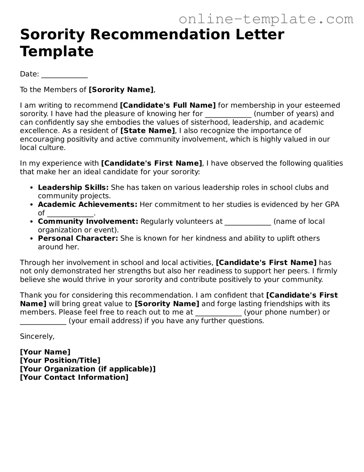 Official Sorority Recommendation Letter Template