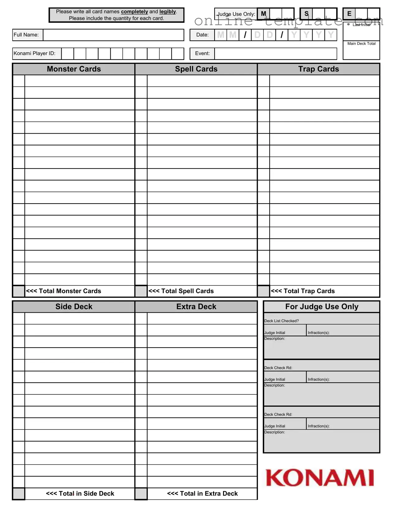Free Konami Decklist PDF Template