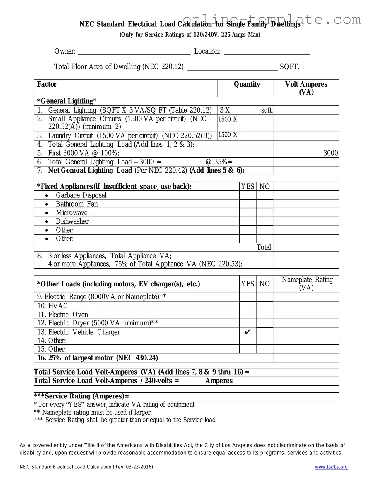 Free LADBS NEC Standard Electrical Load Calculation PDF Template