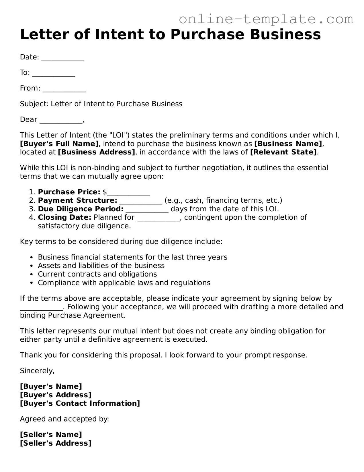 Official Letter of Intent to Purchase Business Template