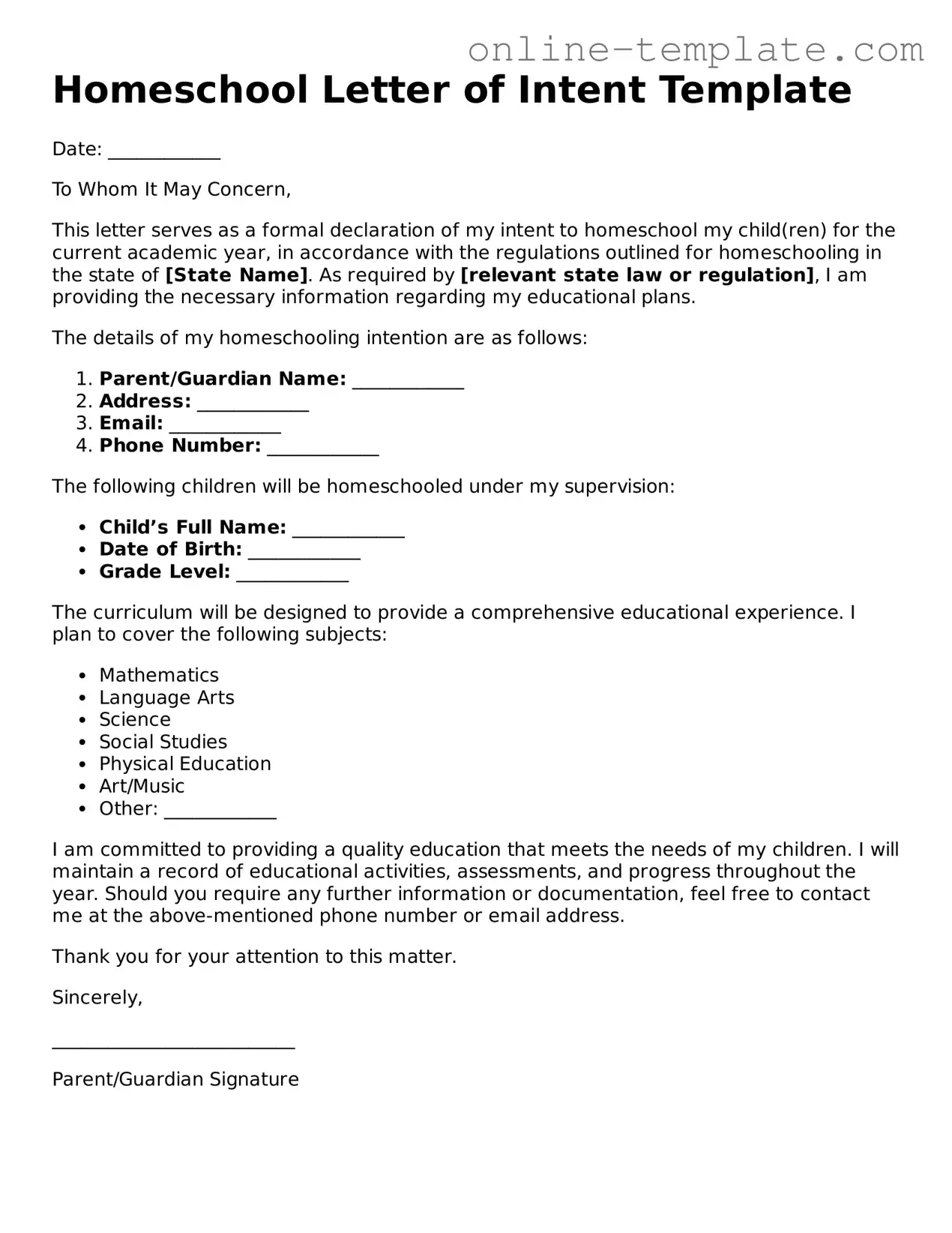 Official Homeschool Letter of Intent Template
