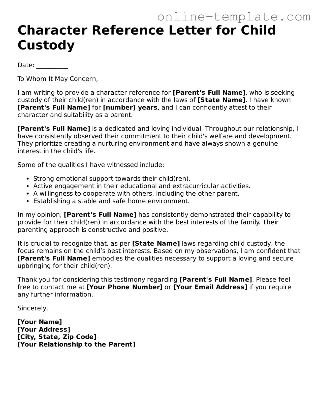 Official Character Reference Letter for Child Custody Template