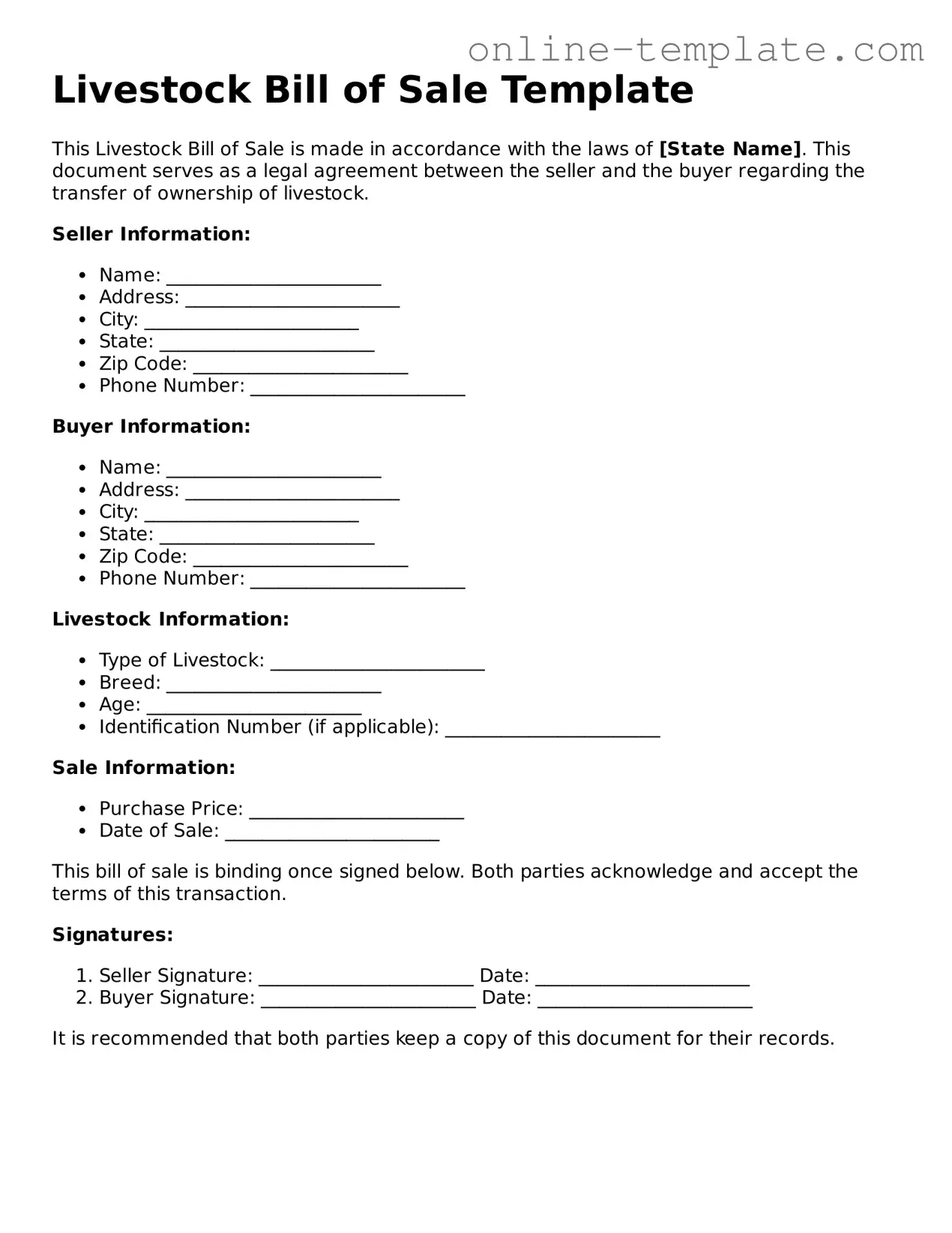 Official Livestock Bill of Sale Template