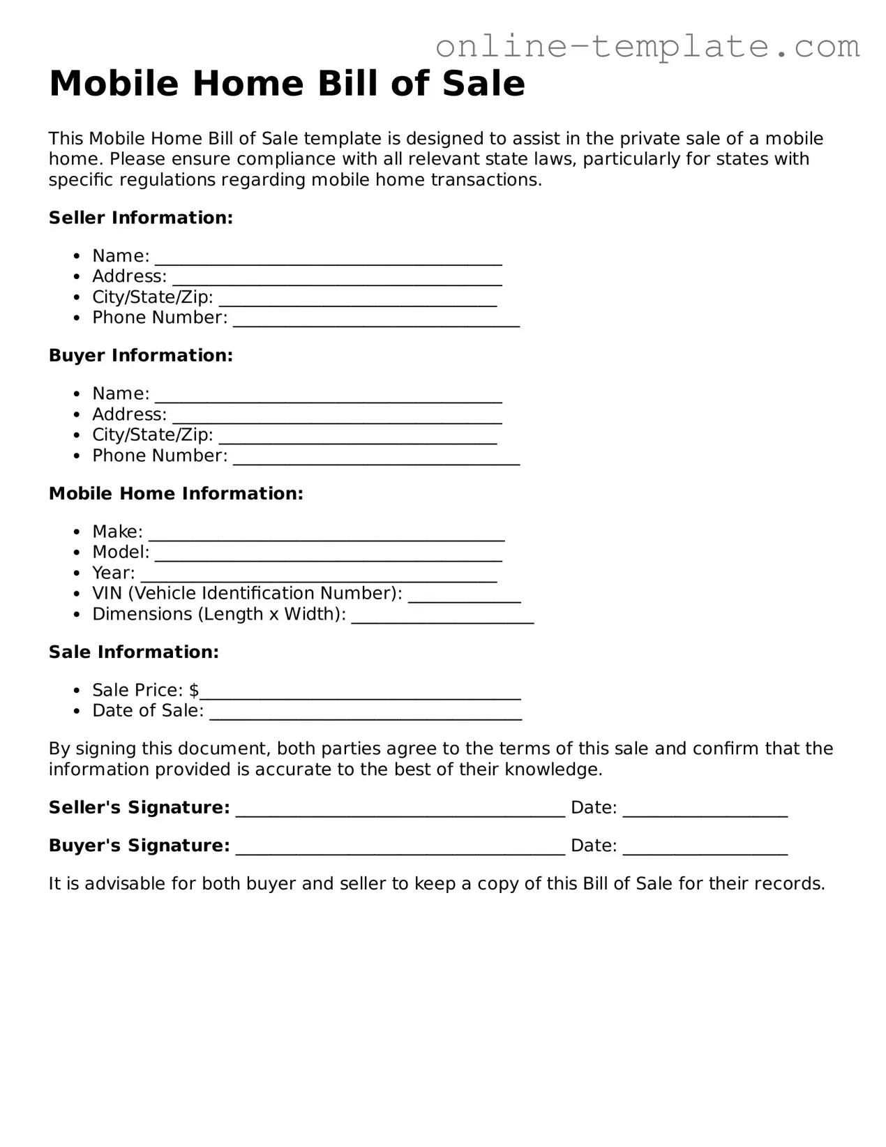 Official Mobile Home Bill of Sale Template