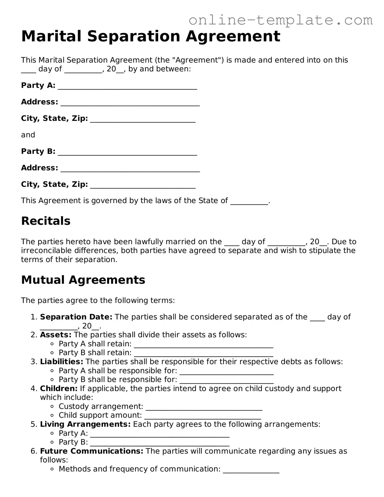 Official Marital Separation Agreement Template
