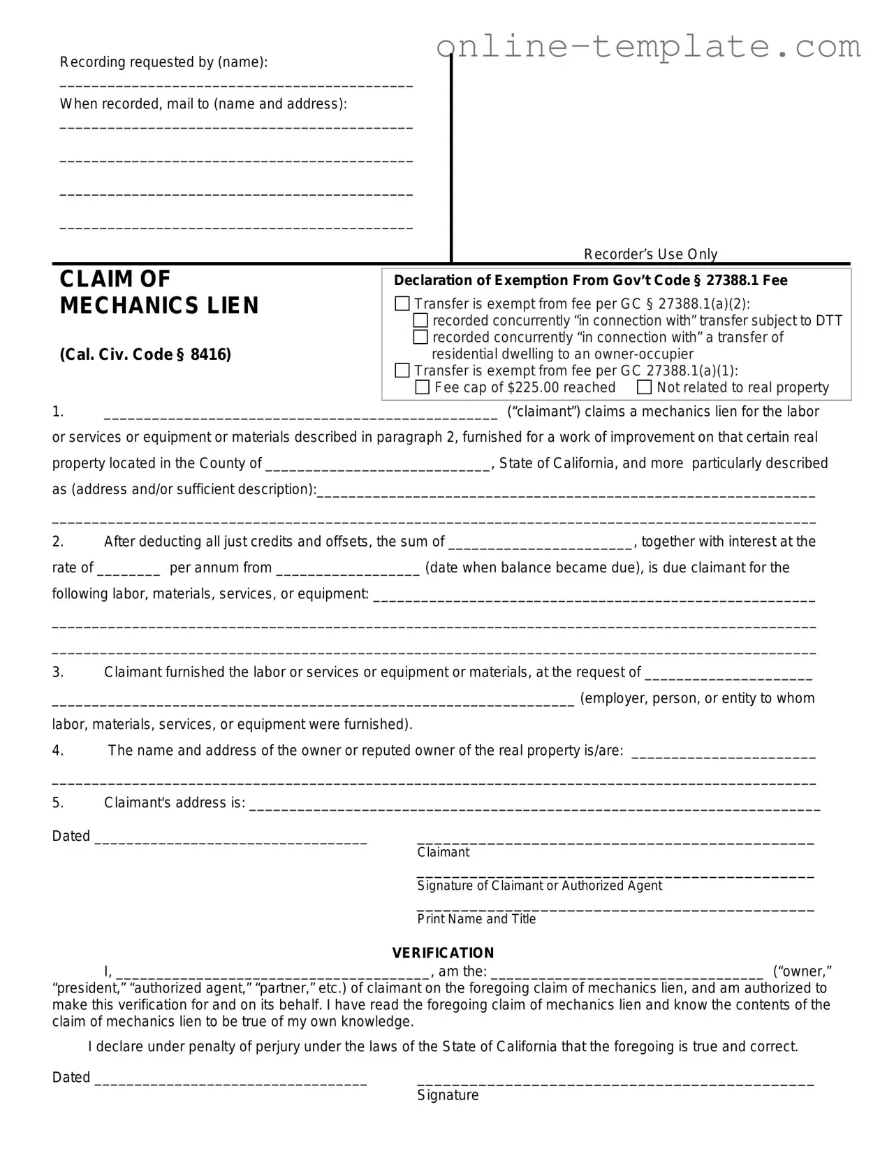 Free Mechanics Lien California PDF Template