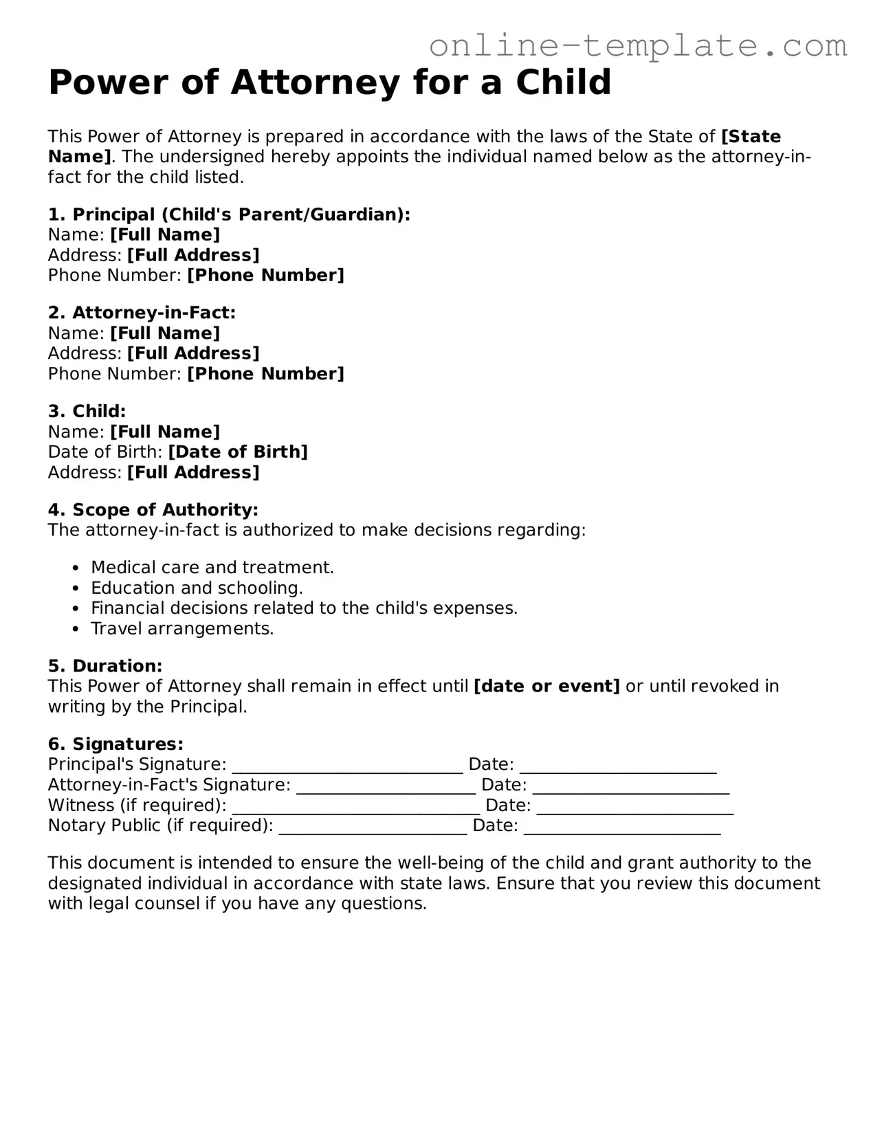 Official Power of Attorney for a Child Template