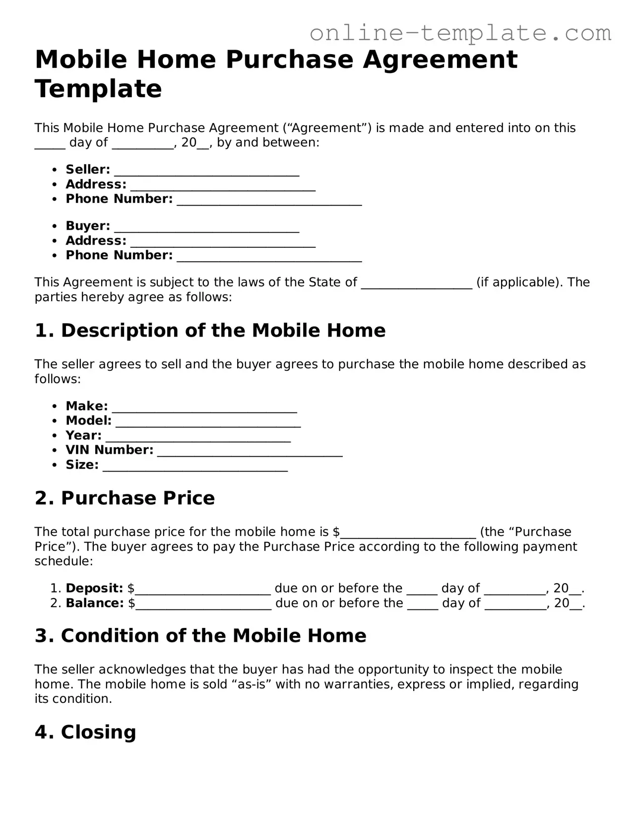 Official Mobile Home Purchase Agreement Template
