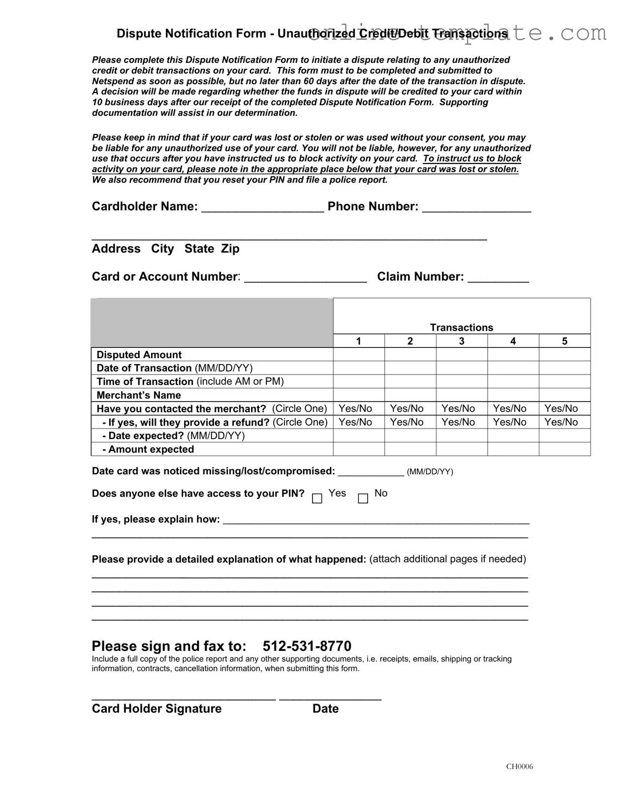Free Netspend Dispute PDF Template