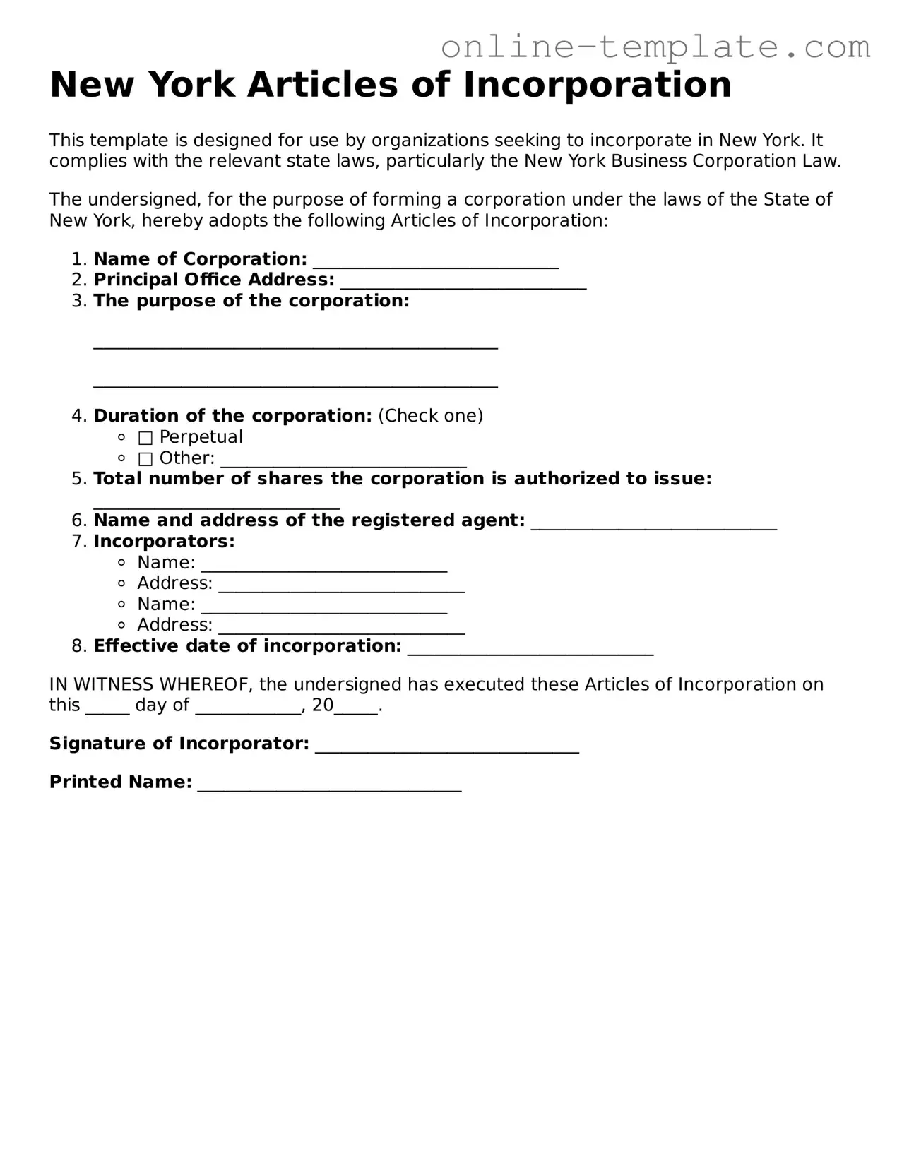 Attorney-Verified  Articles of Incorporation Template for New York