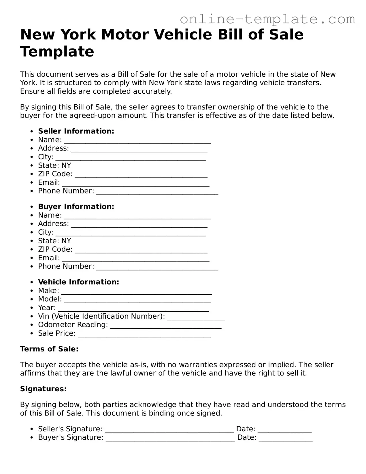 Attorney-Verified  Motor Vehicle Bill of Sale Template for New York