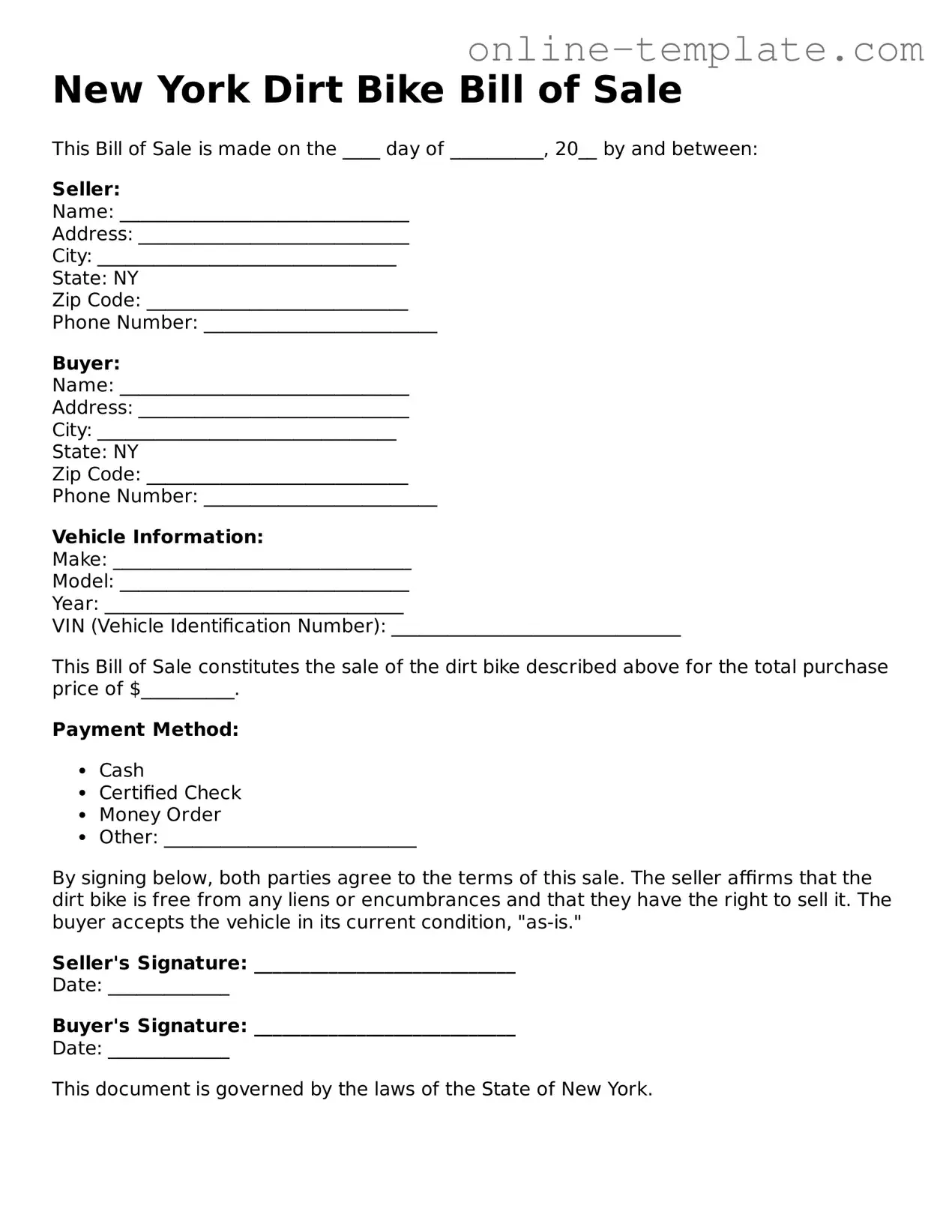 Attorney-Verified  Dirt Bike Bill of Sale Template for New York