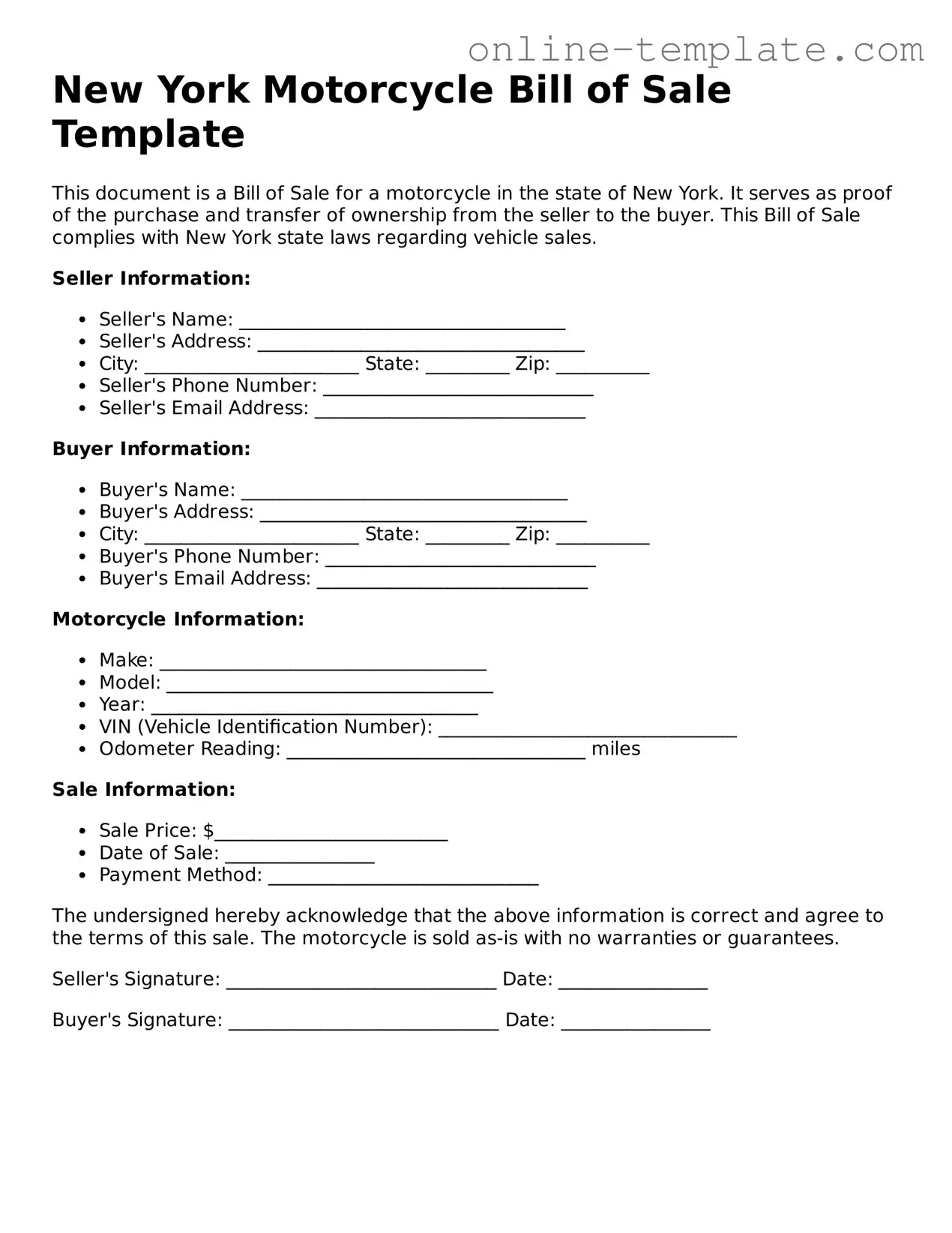 Attorney-Verified  Motorcycle Bill of Sale Template for New York