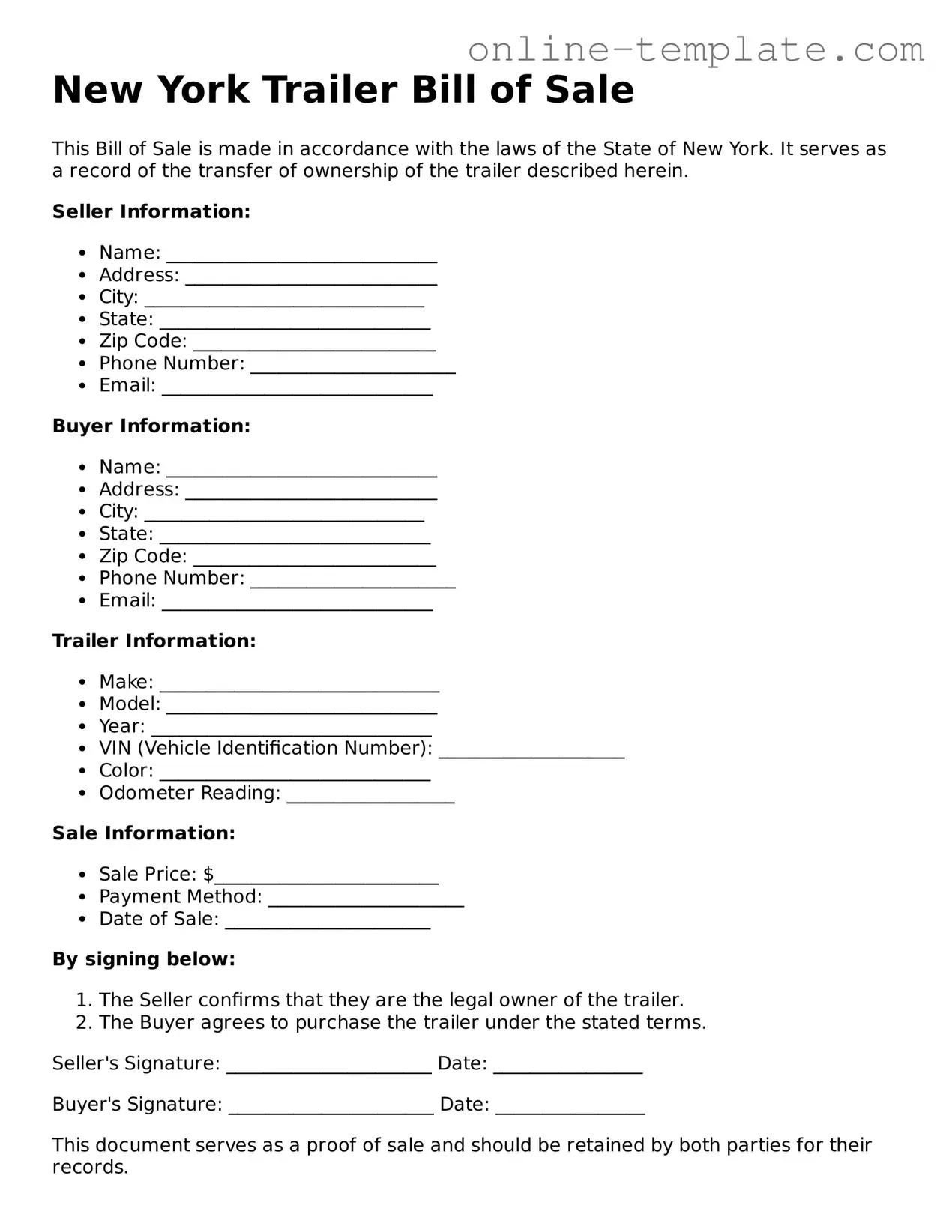Attorney-Verified  Trailer Bill of Sale Template for New York
