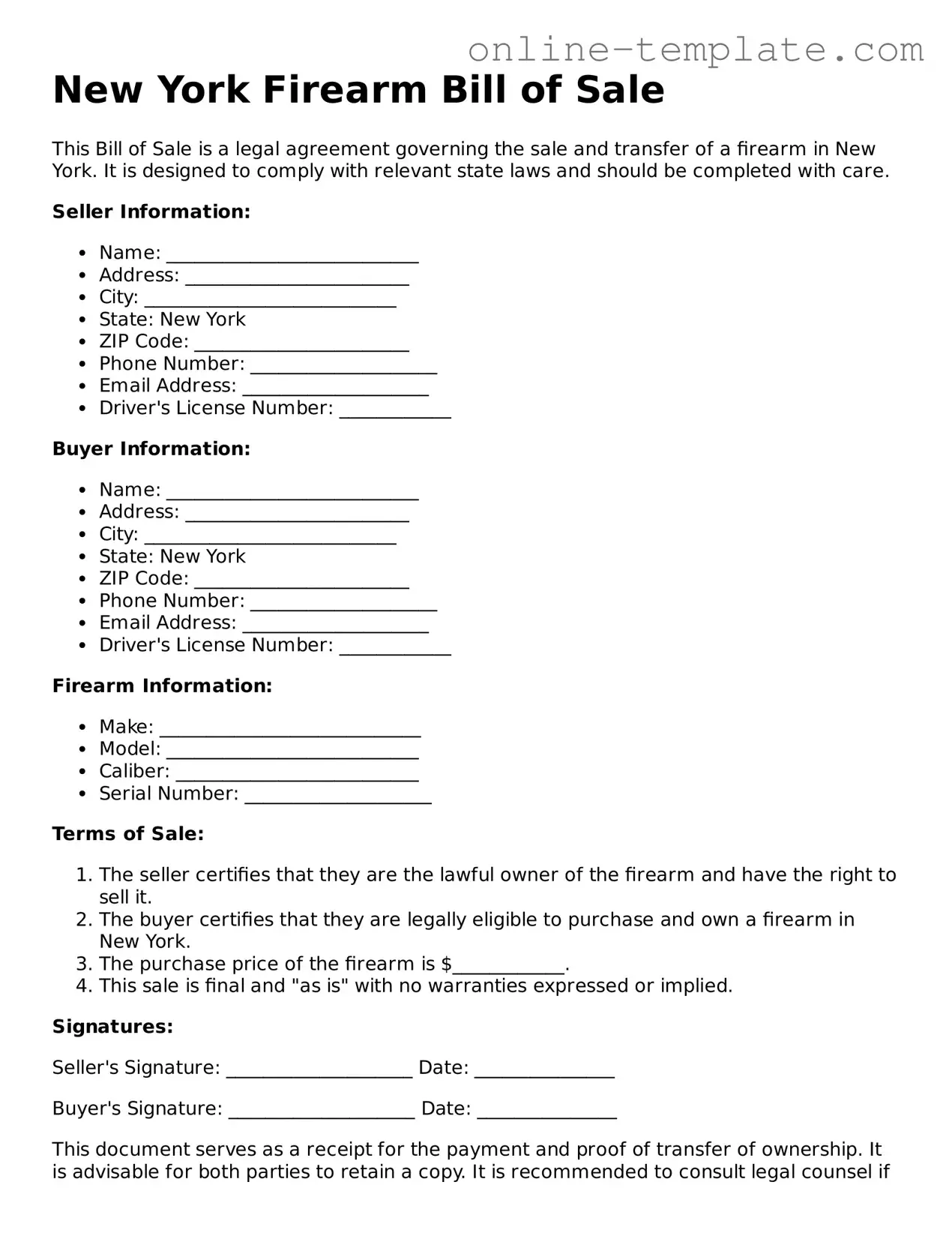 Attorney-Verified  Firearm Bill of Sale Template for New York