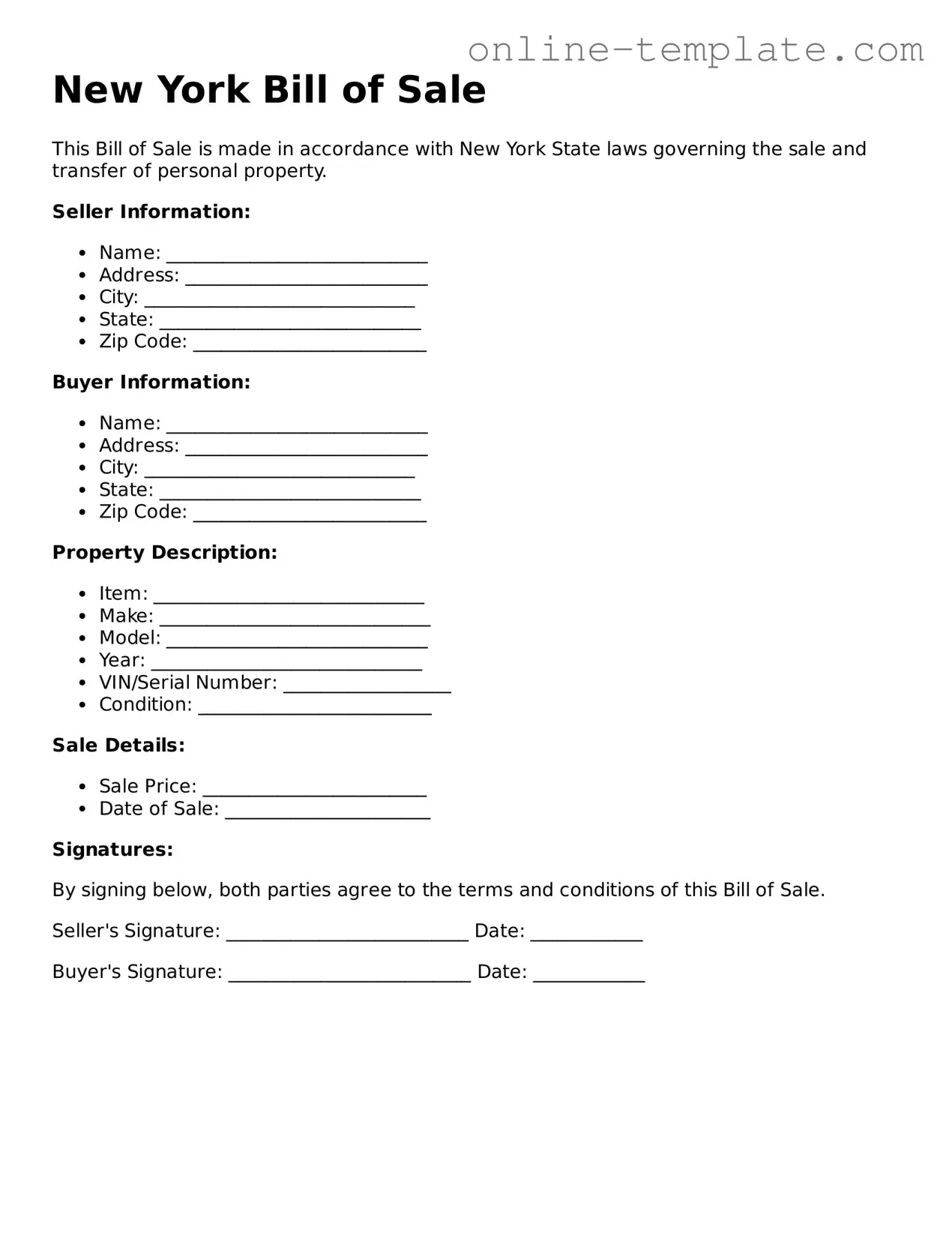 Attorney-Verified  Bill of Sale Template for New York