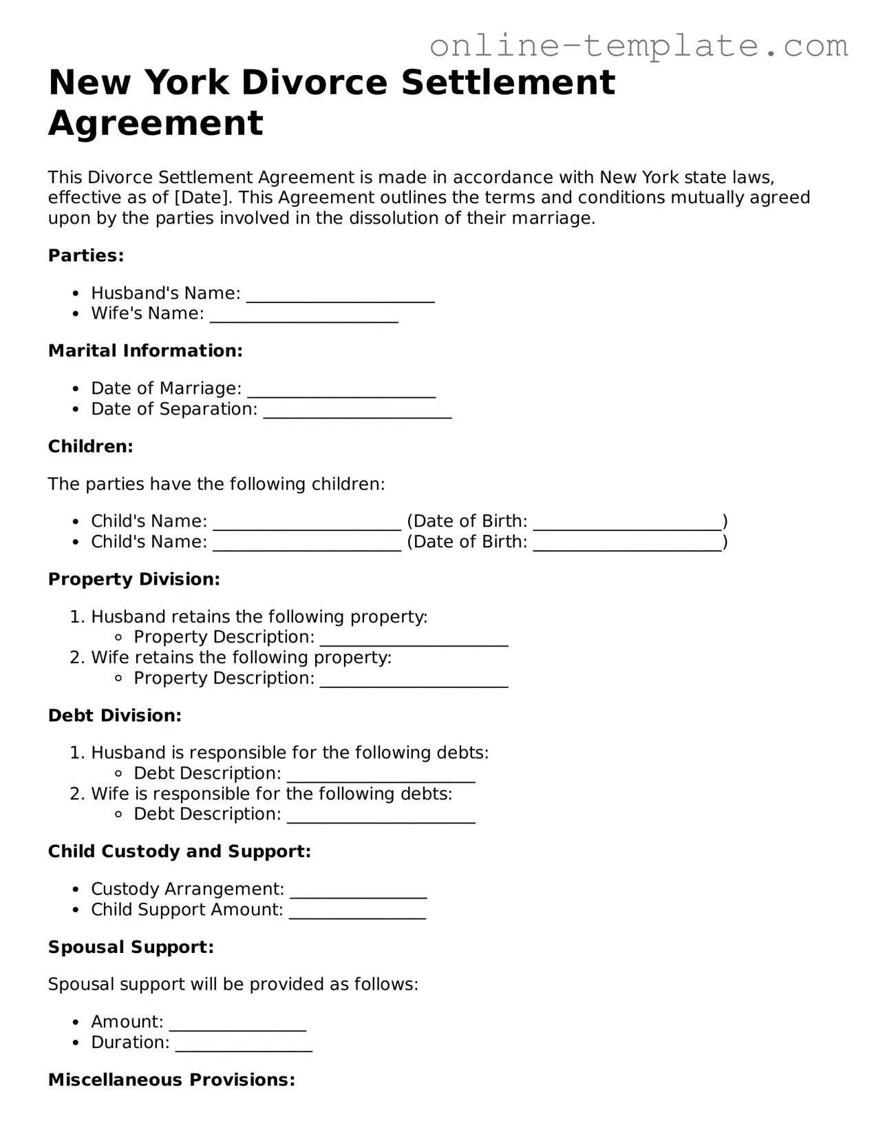 Attorney-Verified  Divorce Settlement Agreement Template for New York