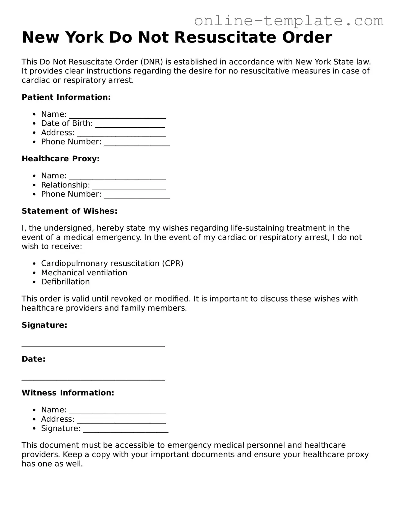 Attorney-Verified  Do Not Resuscitate Order Template for New York