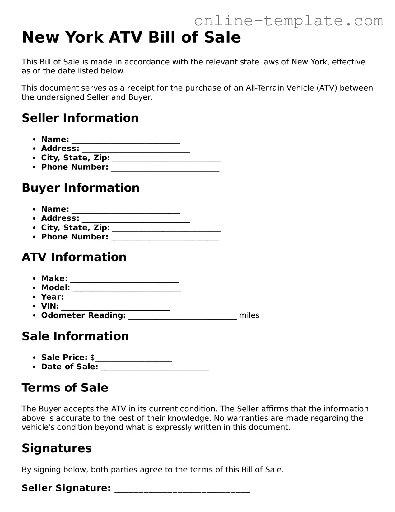 Attorney-Verified  ATV Bill of Sale Template for New York