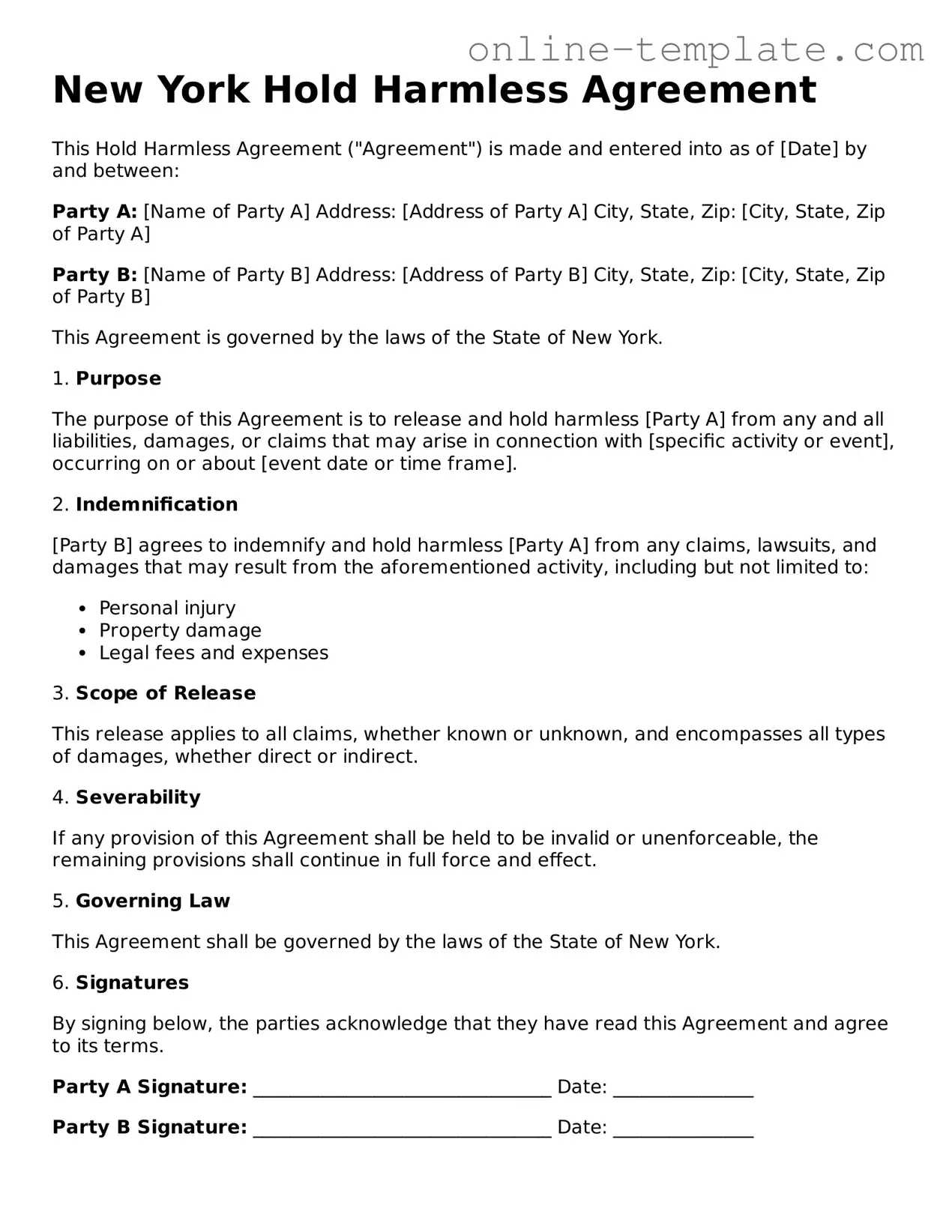 Attorney-Verified  Hold Harmless Agreement Template for New York