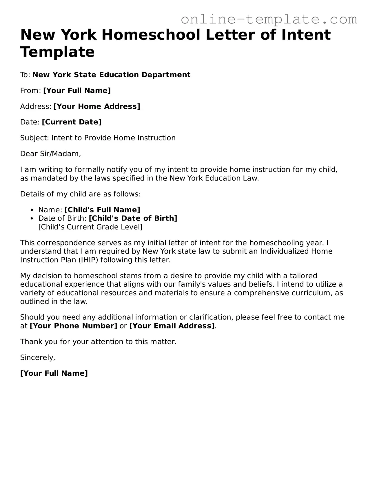 Attorney-Verified  Homeschool Letter of Intent Template for New York
