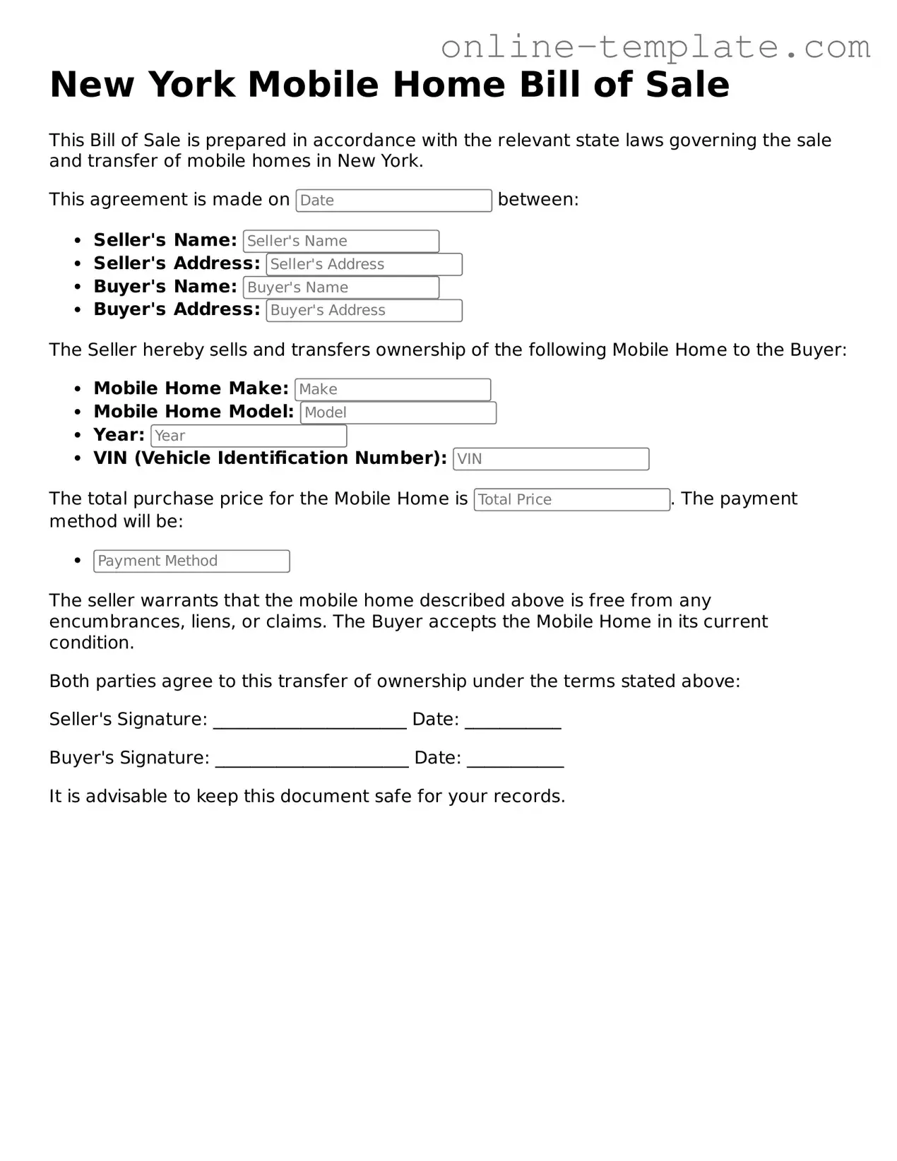 Attorney-Verified  Mobile Home Bill of Sale Template for New York