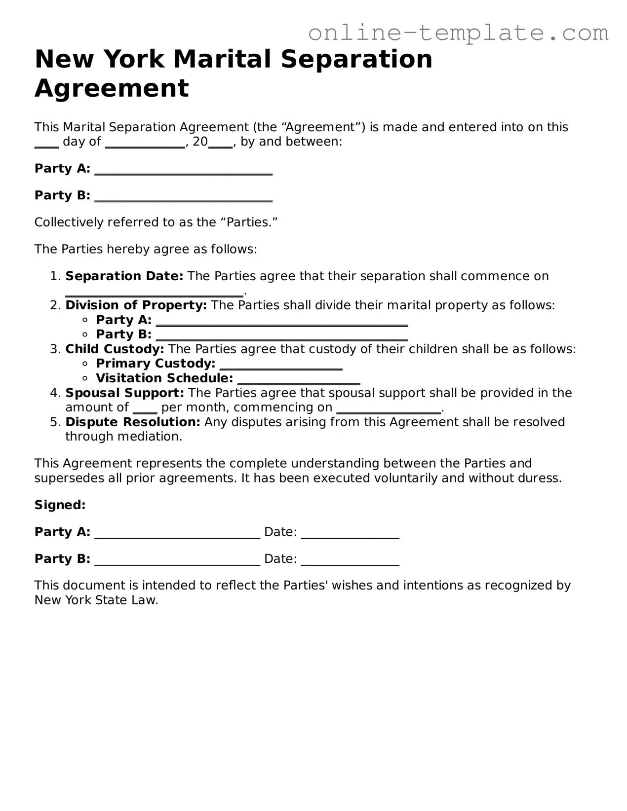 Attorney-Verified  Marital Separation Agreement Template for New York