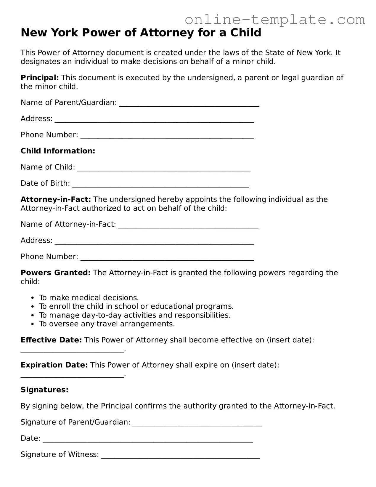 Attorney-Verified  Power of Attorney for a Child Template for New York
