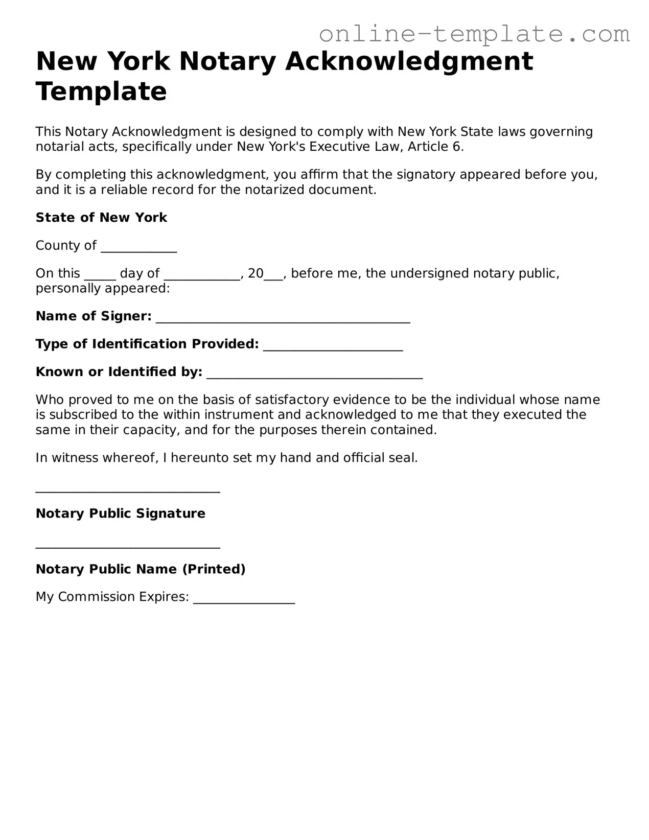 Attorney-Verified  Notary Acknowledgement Template for New York