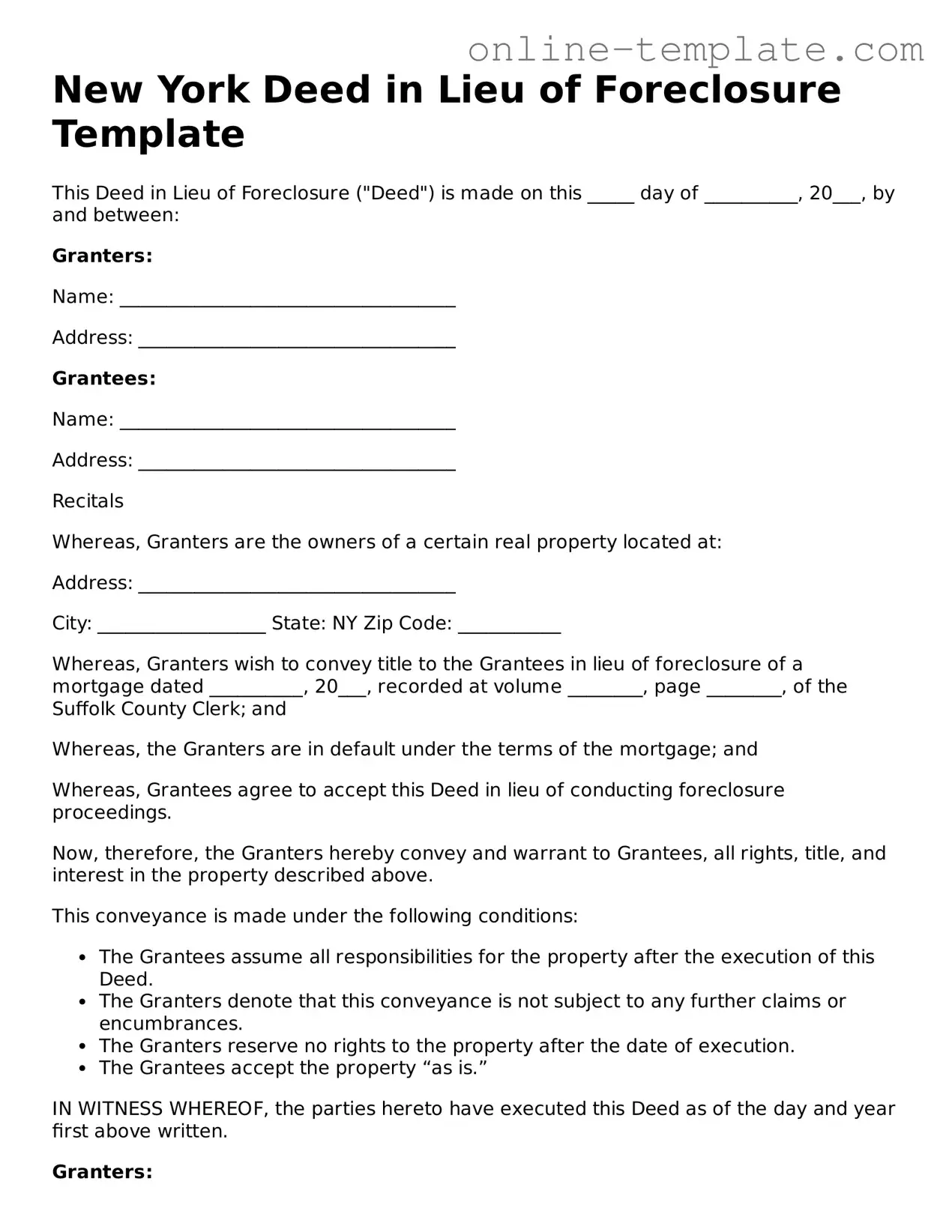 Attorney-Verified  Deed in Lieu of Foreclosure Template for New York
