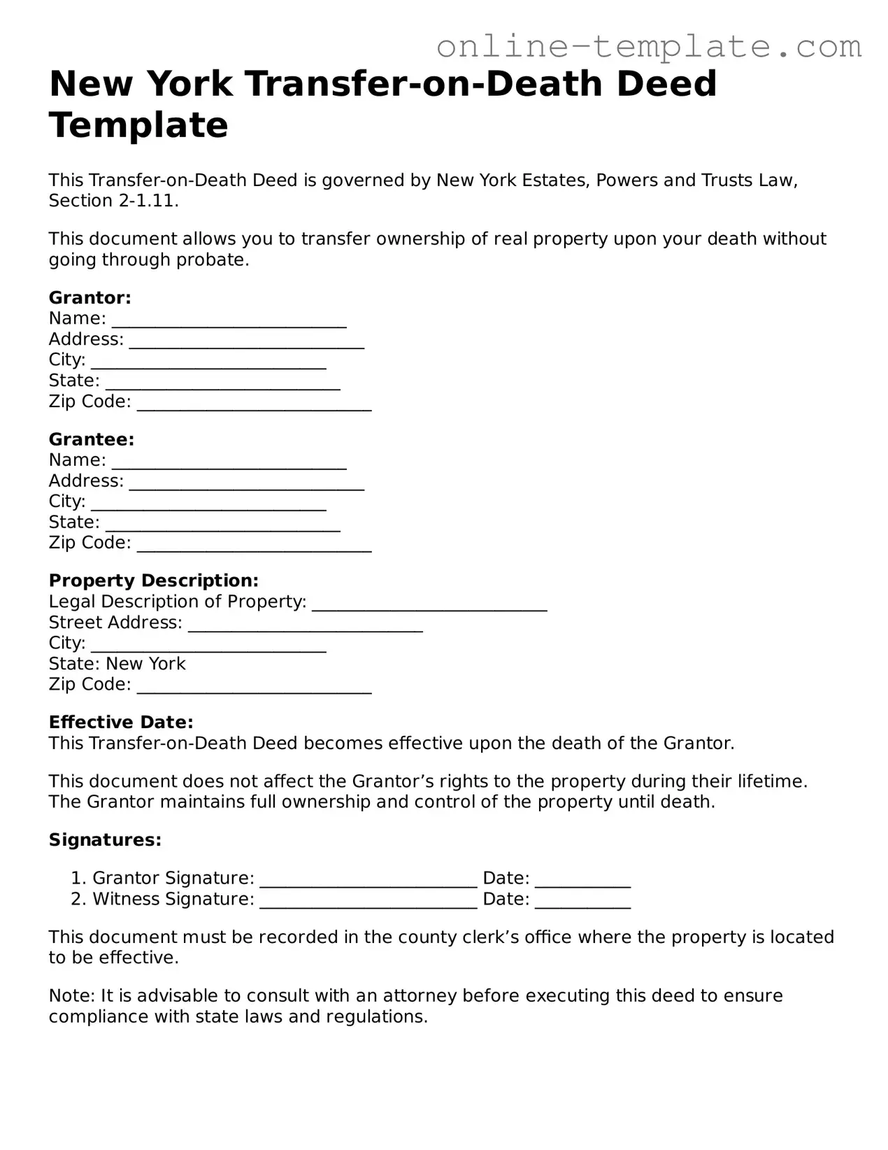 Attorney-Verified  Transfer-on-Death Deed Template for New York