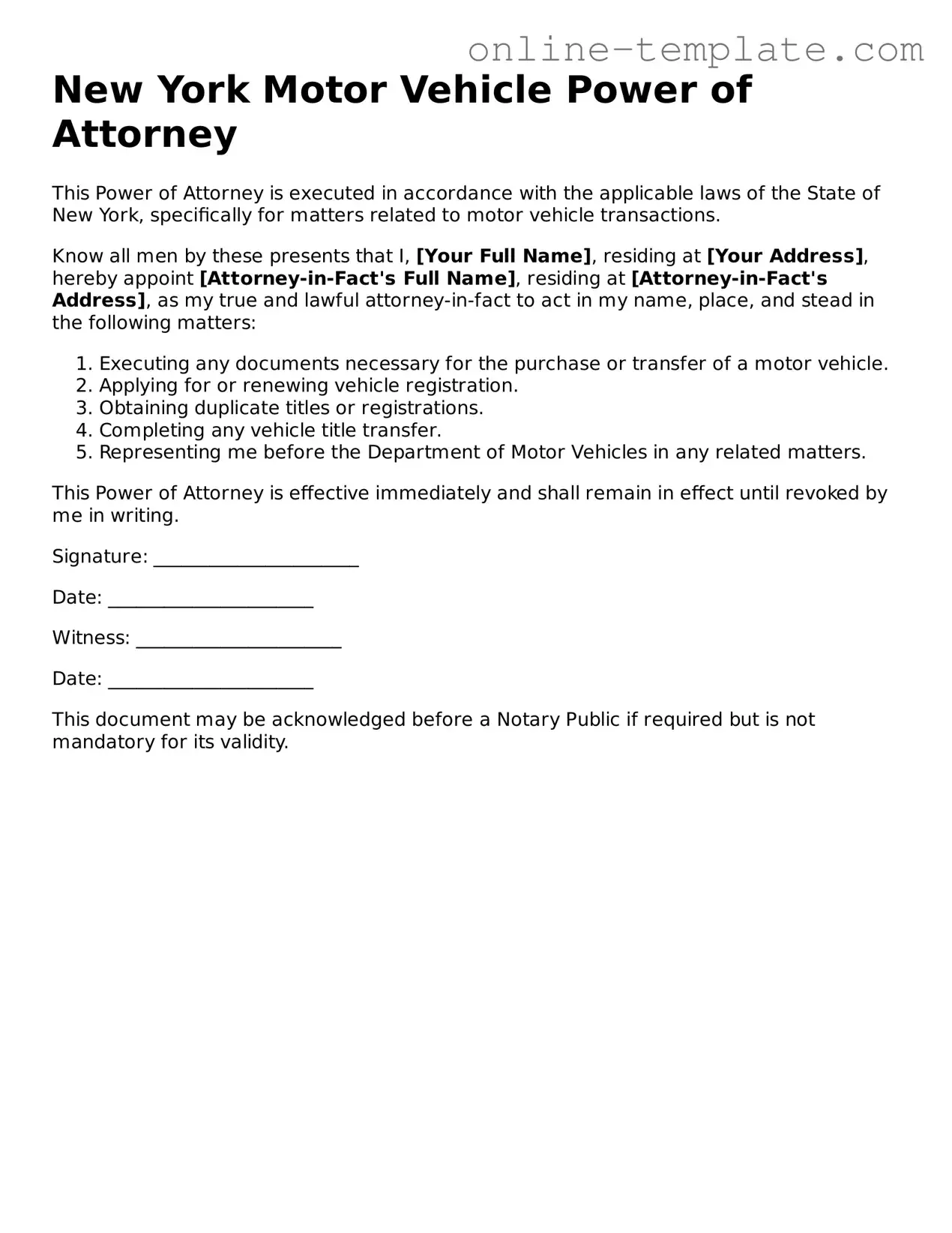 Attorney-Verified  Motor Vehicle Power of Attorney Template for New York