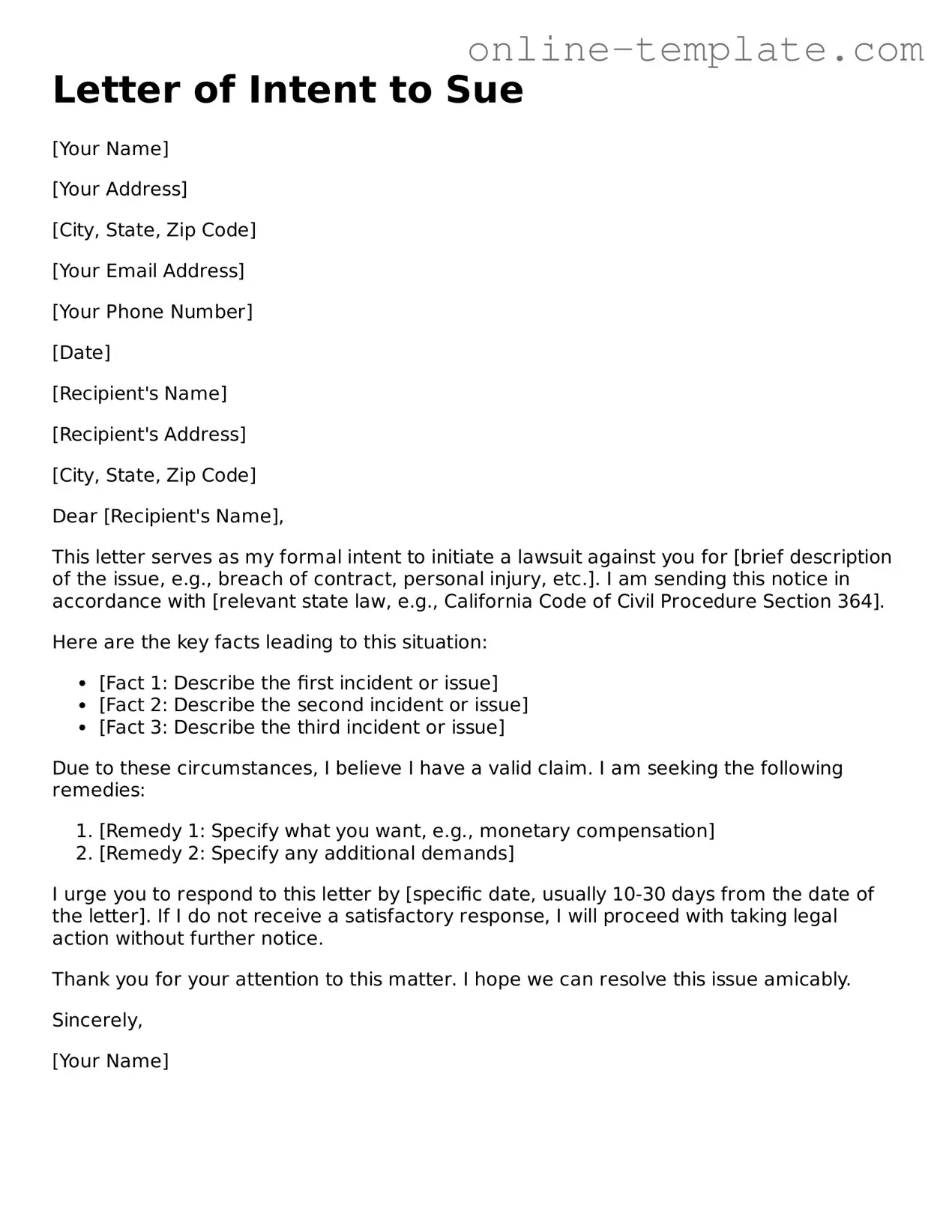 Official Letter of Intent to Sue Template