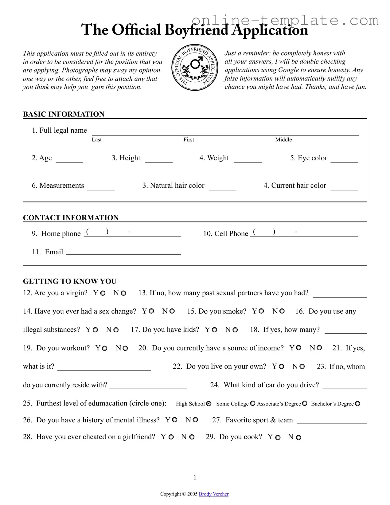Free Boyfriend application form PDF Template
