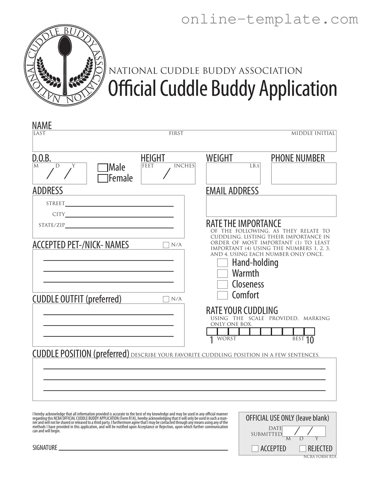 Free Cuddle Buddy Application PDF Template