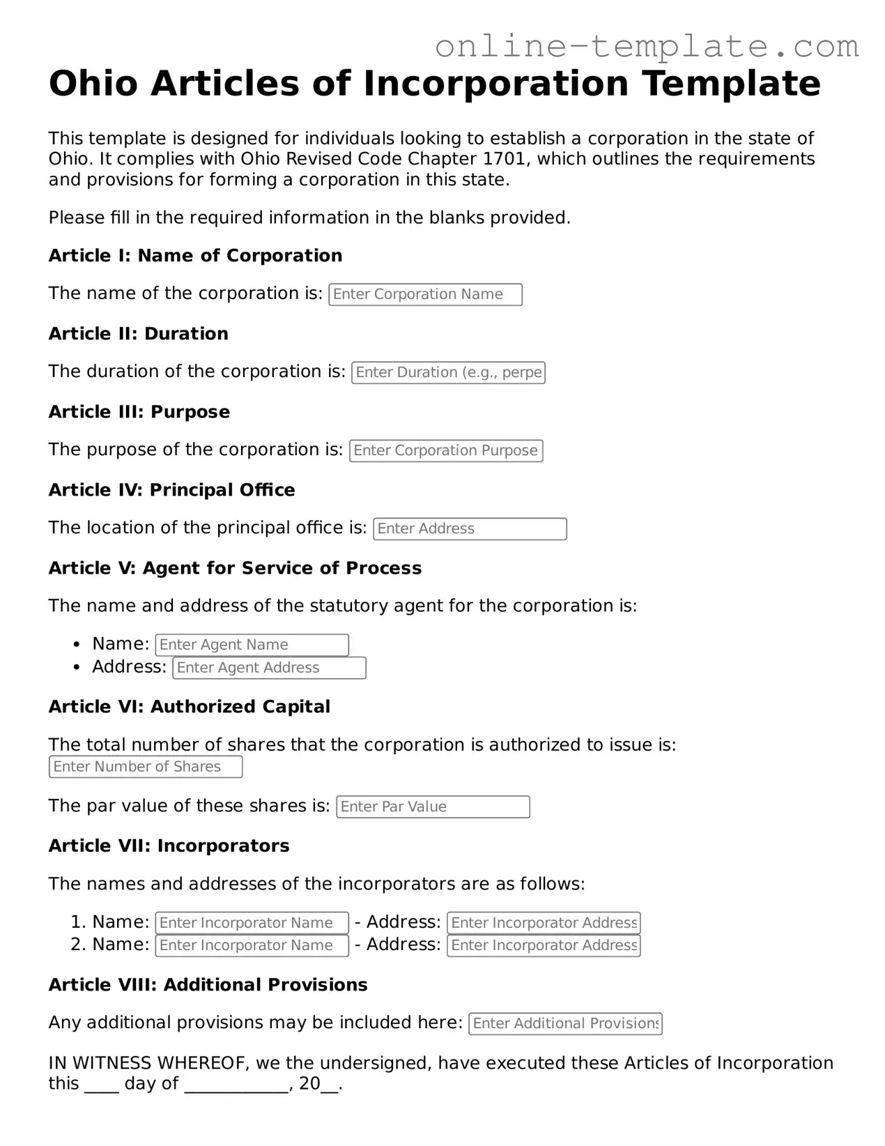 Attorney-Verified  Articles of Incorporation Template for Ohio