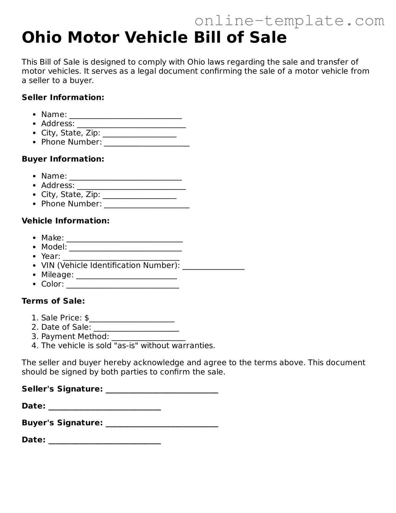 Attorney-Verified  Motor Vehicle Bill of Sale Template for Ohio