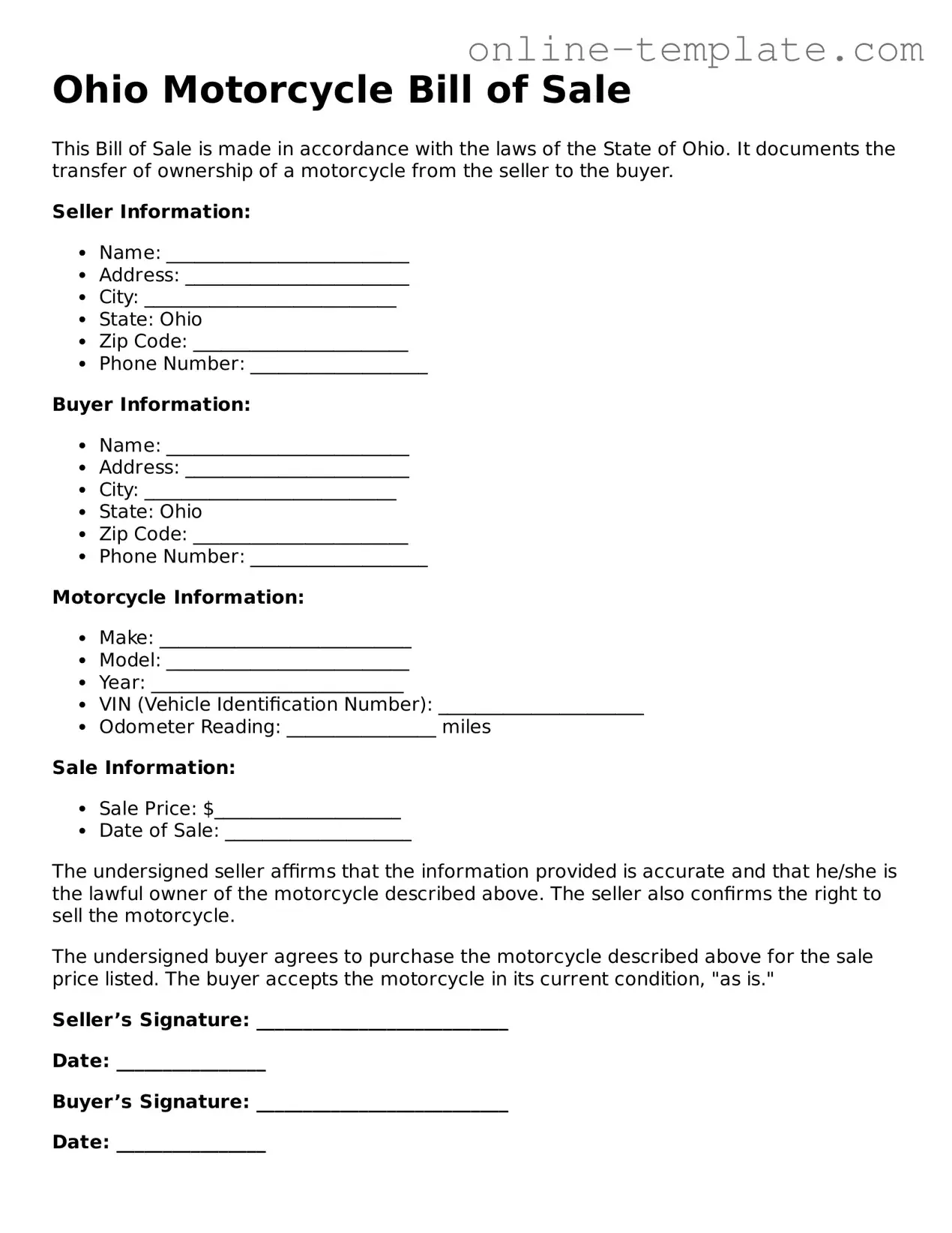 Attorney-Verified  Motorcycle Bill of Sale Template for Ohio