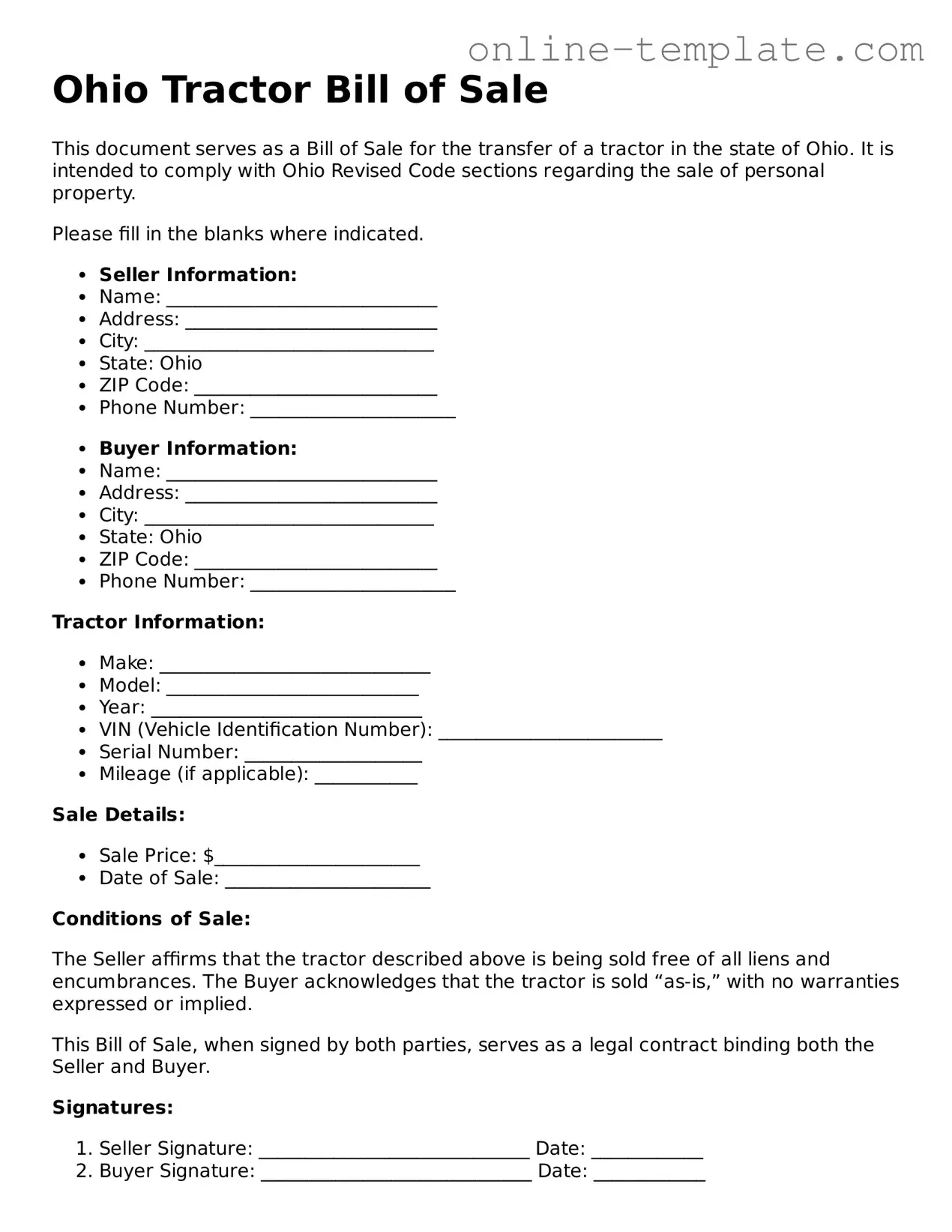 Attorney-Verified  Tractor Bill of Sale Template for Ohio