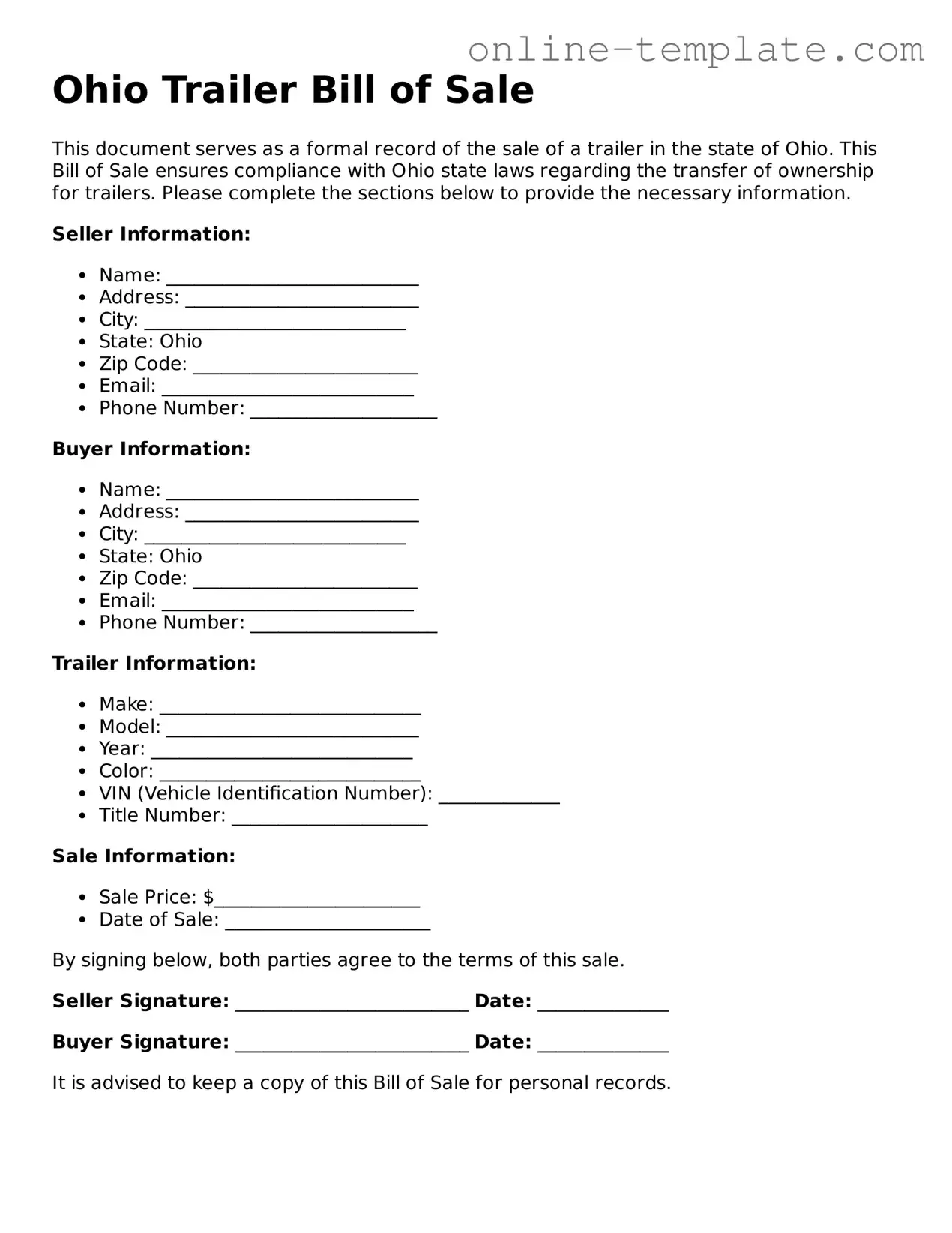 Attorney-Verified  Trailer Bill of Sale Template for Ohio