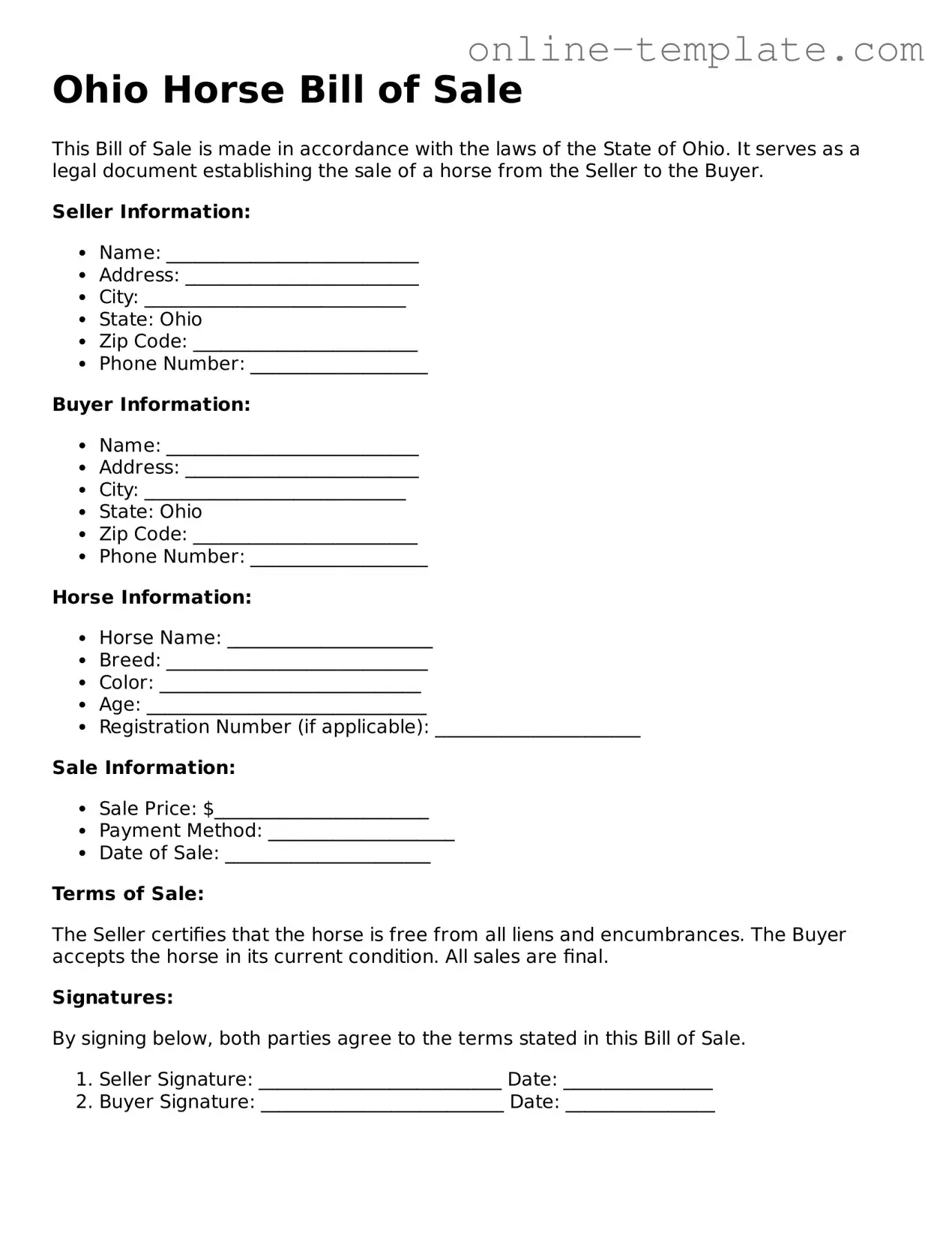 Attorney-Verified  Horse Bill of Sale Template for Ohio