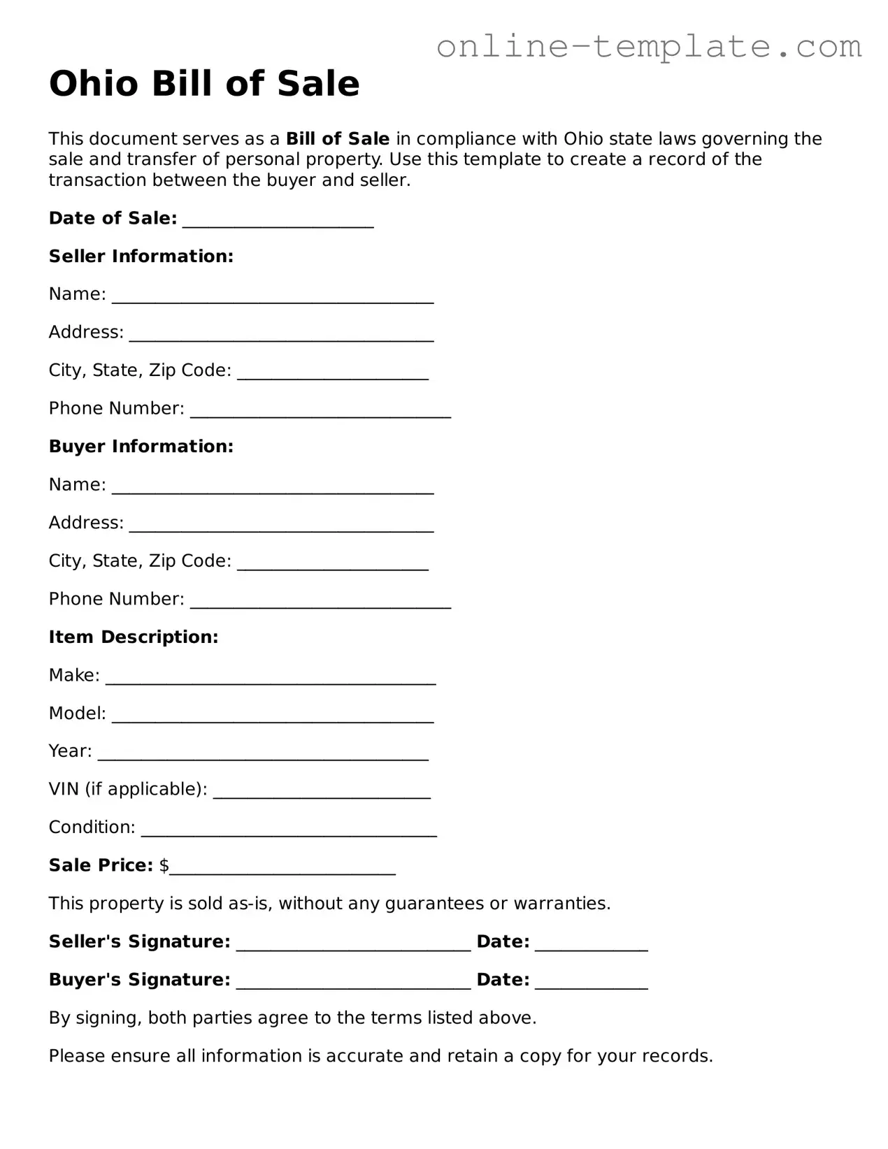 Attorney-Verified  Bill of Sale Template for Ohio